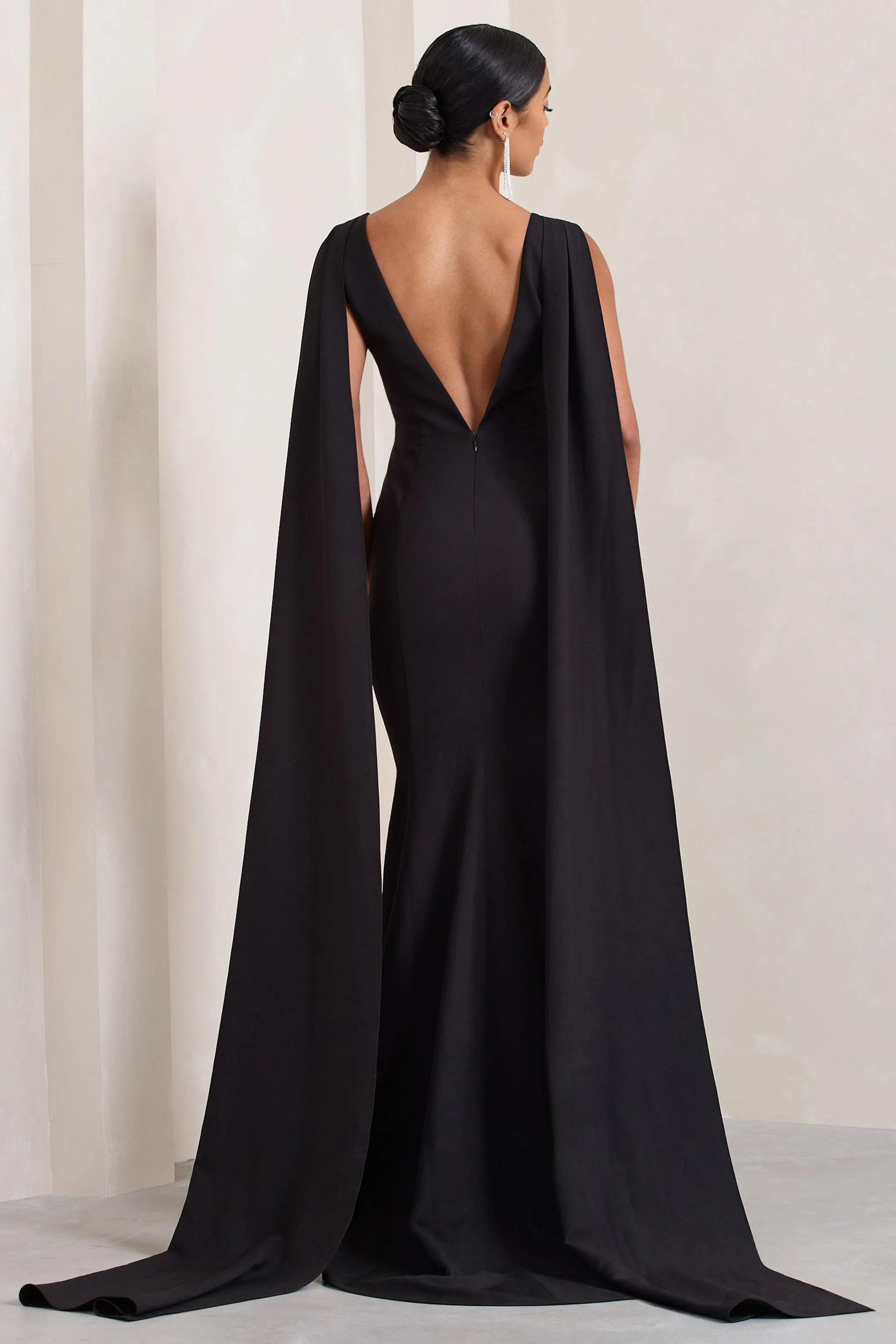 Rosaline | Black Plunging Fishtail Maxi Dress With Cape Club L London