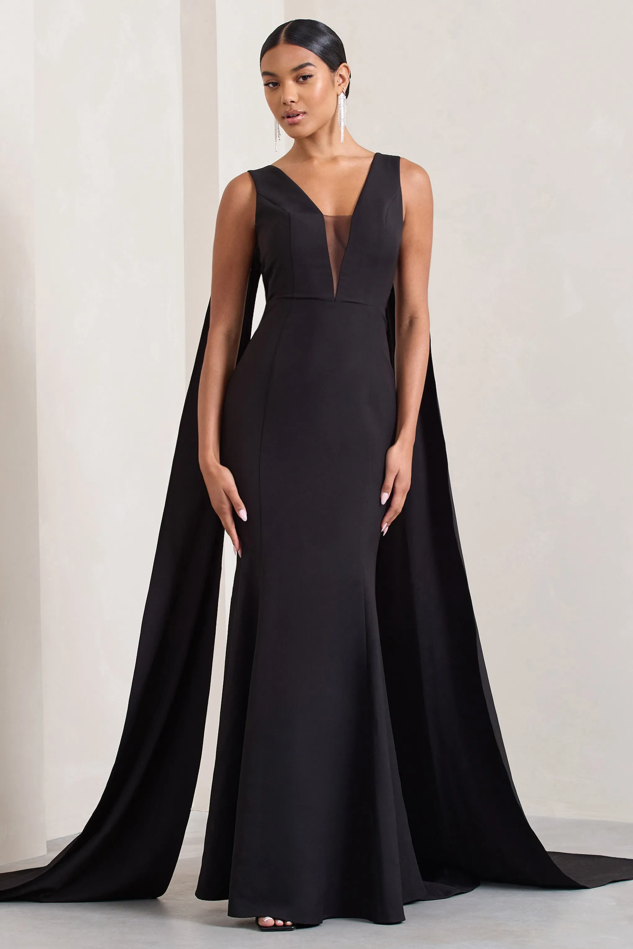 Rosaline | Black Plunging Fishtail Maxi Dress With Cape Club L London