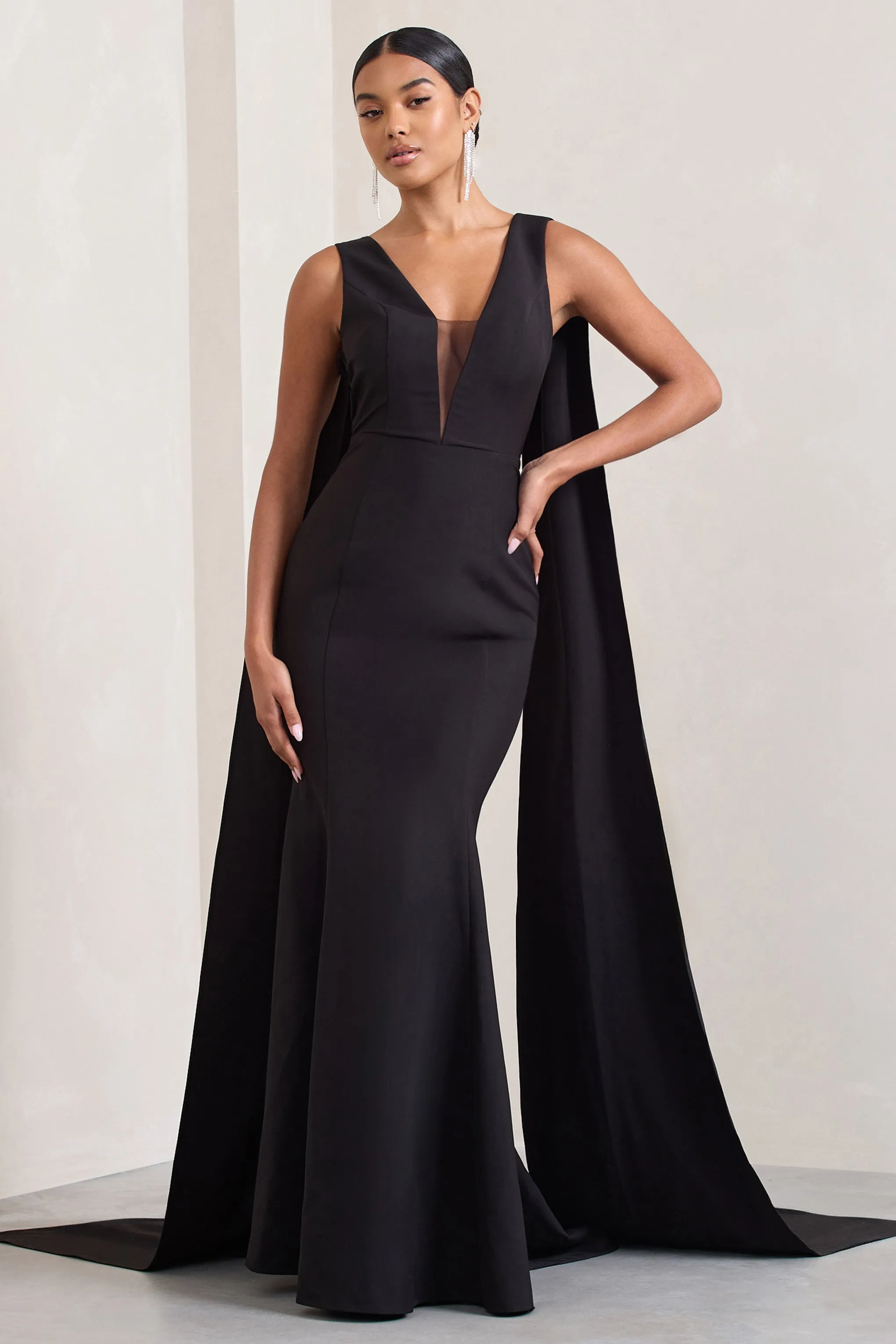 Rosaline | Black Plunging Fishtail Maxi Dress With Cape Club L London
