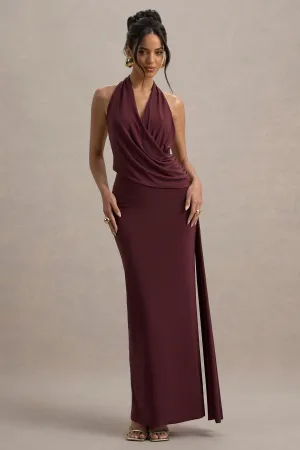 Rosina | Burgundy Halter-Neck Draped Maxi Dress With Sash Club L London