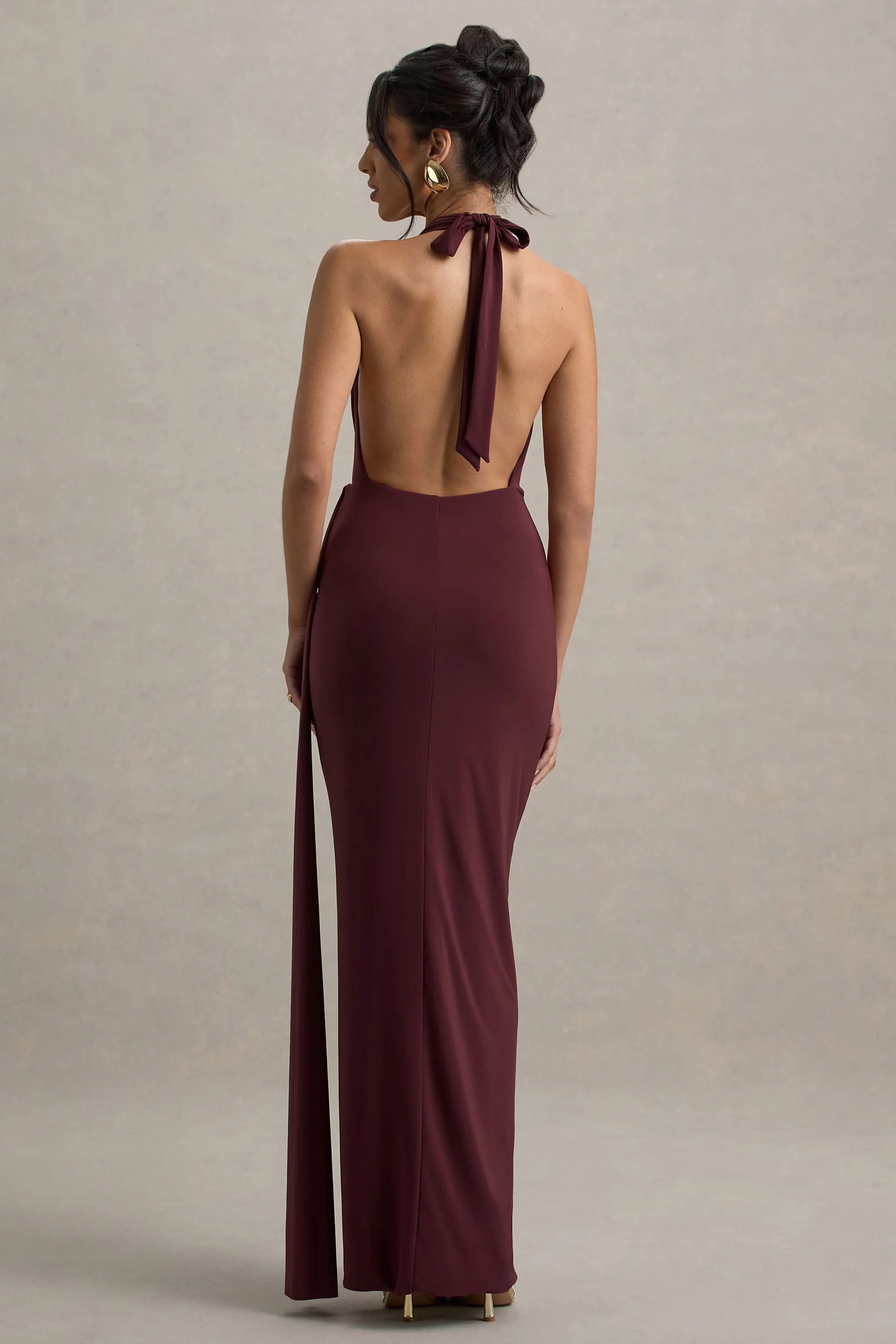 Rosina | Burgundy Halter-Neck Draped Maxi Dress With Sash Club L London