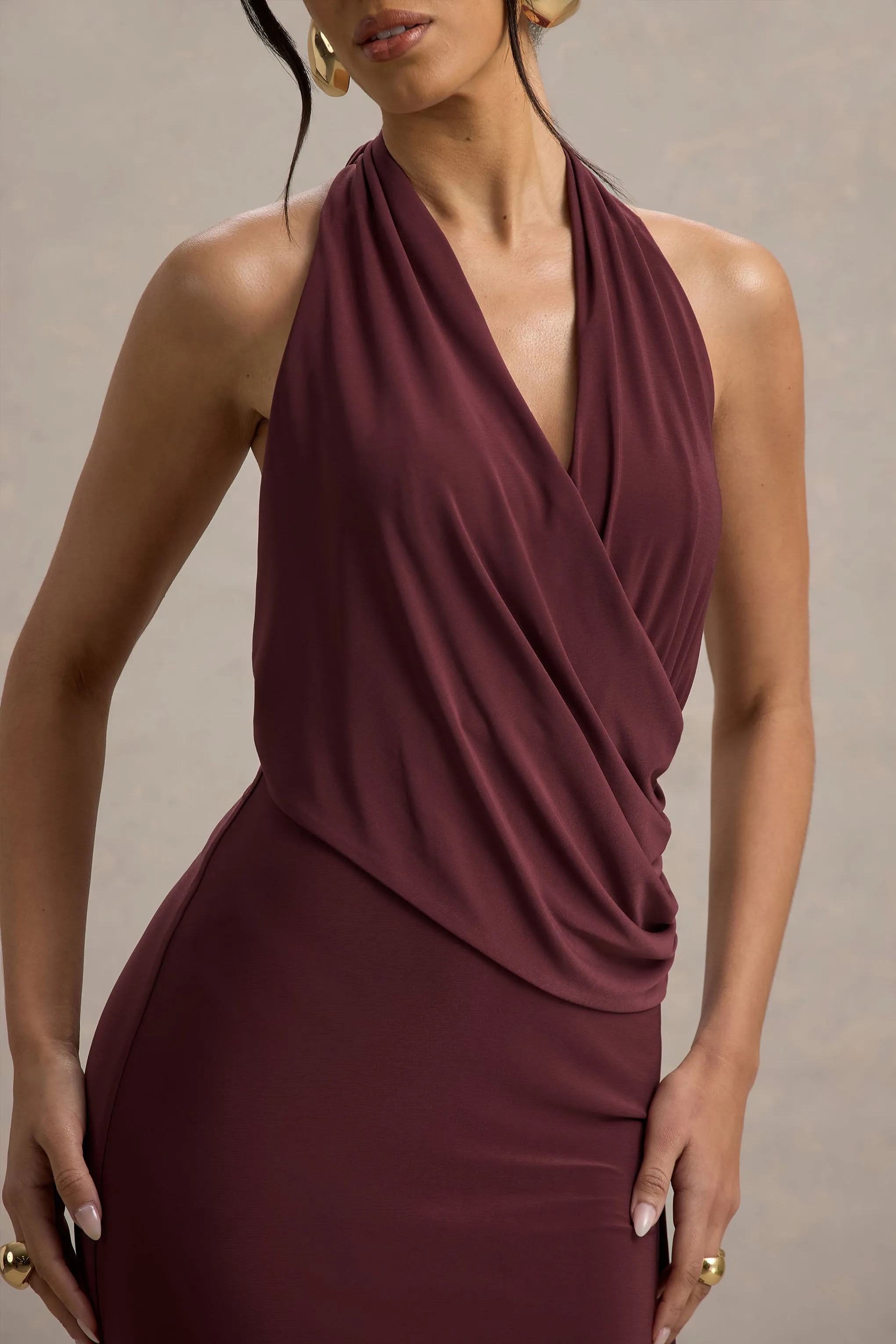 Rosina | Burgundy Halter-Neck Draped Maxi Dress With Sash Club L London