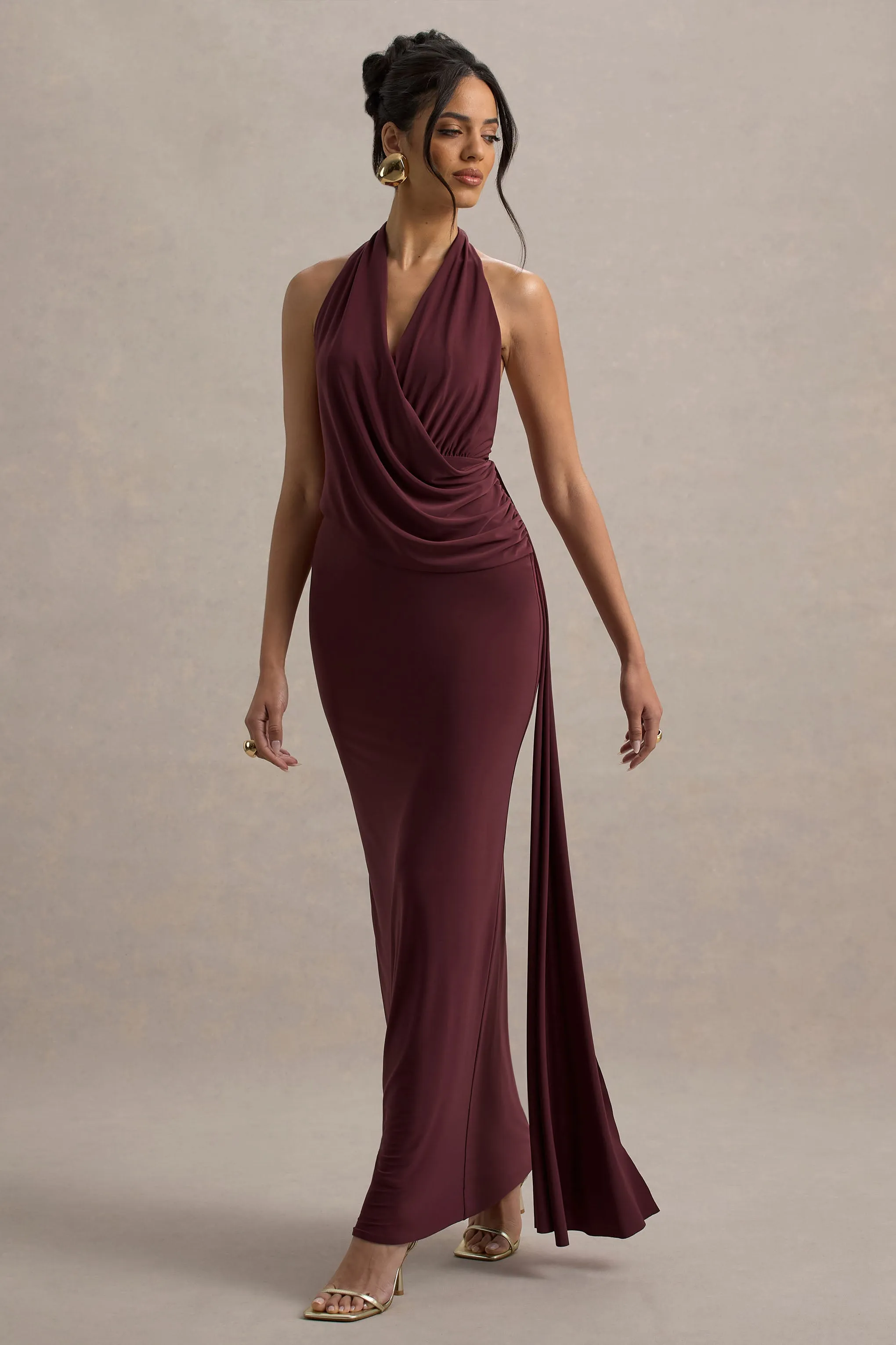 Rosina | Burgundy Halter-Neck Draped Maxi Dress With Sash Club L London