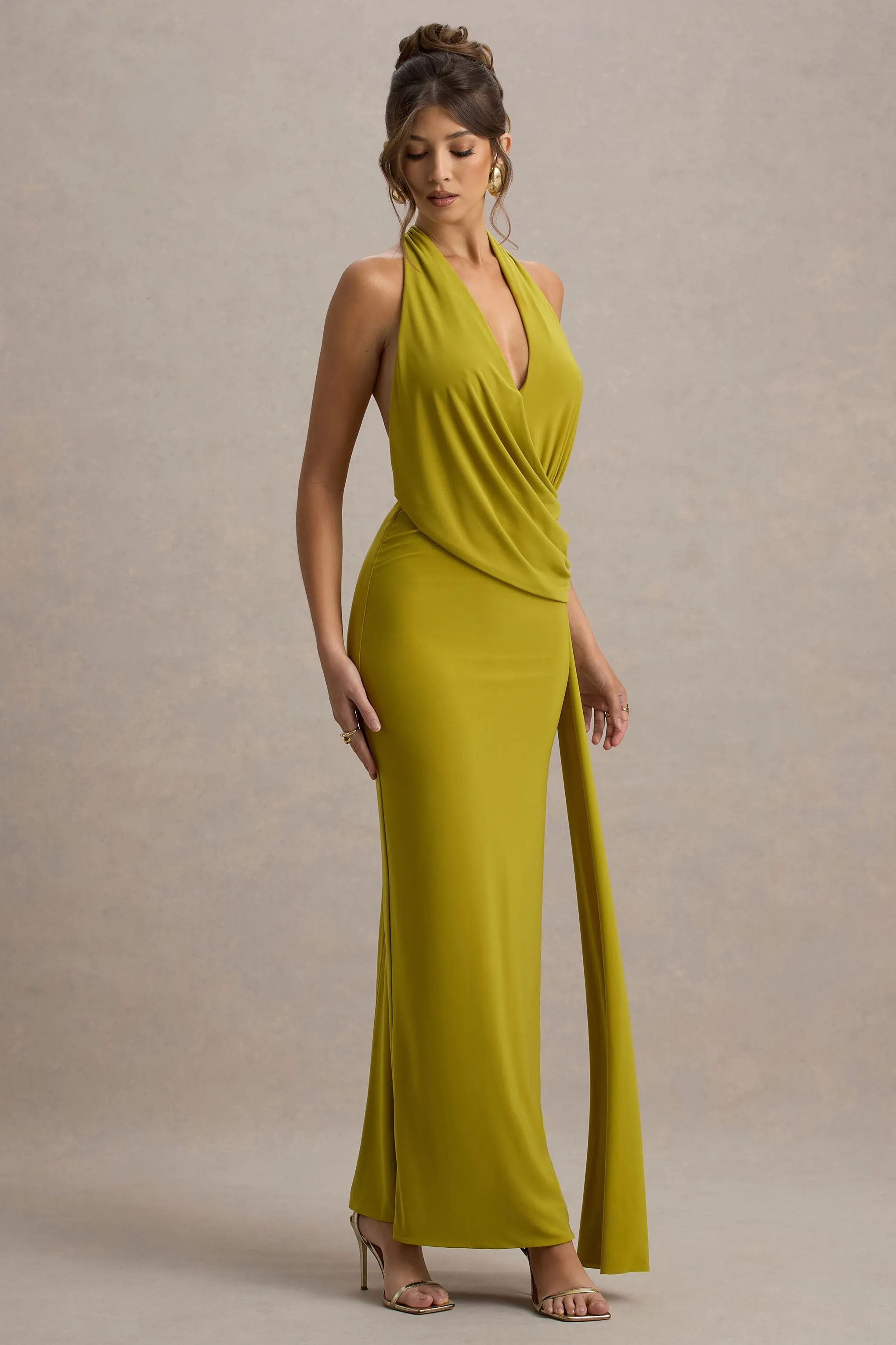 Rosina | Green Halter-Neck Draped Maxi Dress With Sash Club L London