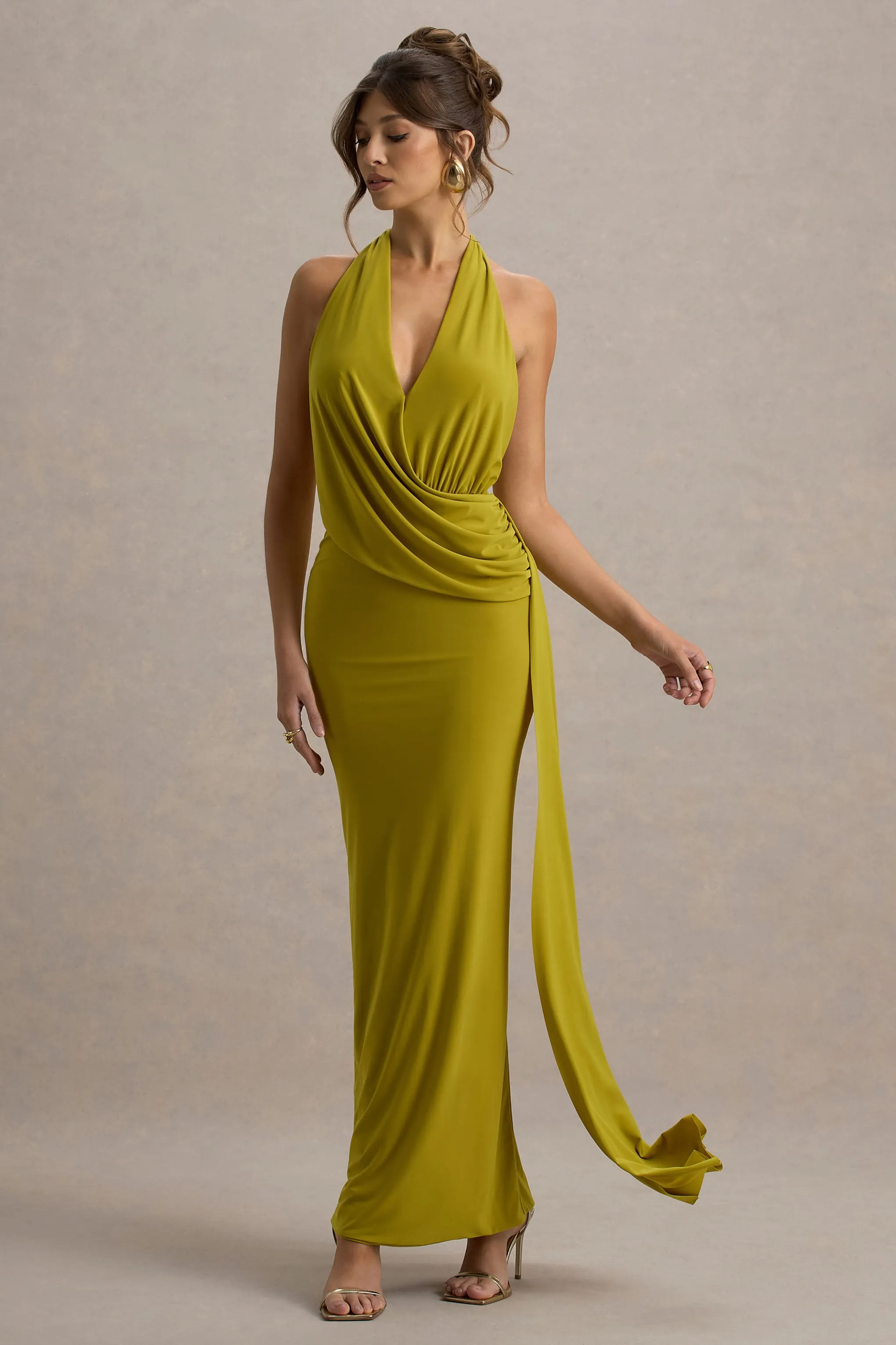 Rosina | Green Halter-Neck Draped Maxi Dress With Sash Club L London
