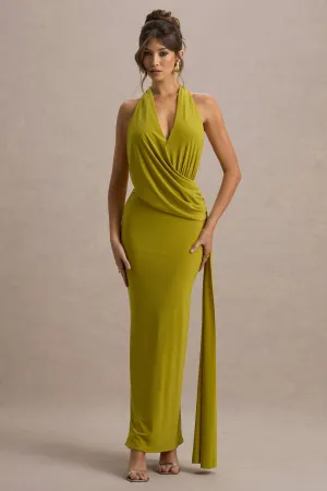 Rosina | Green Halter-Neck Draped Maxi Dress With Sash Club L London
