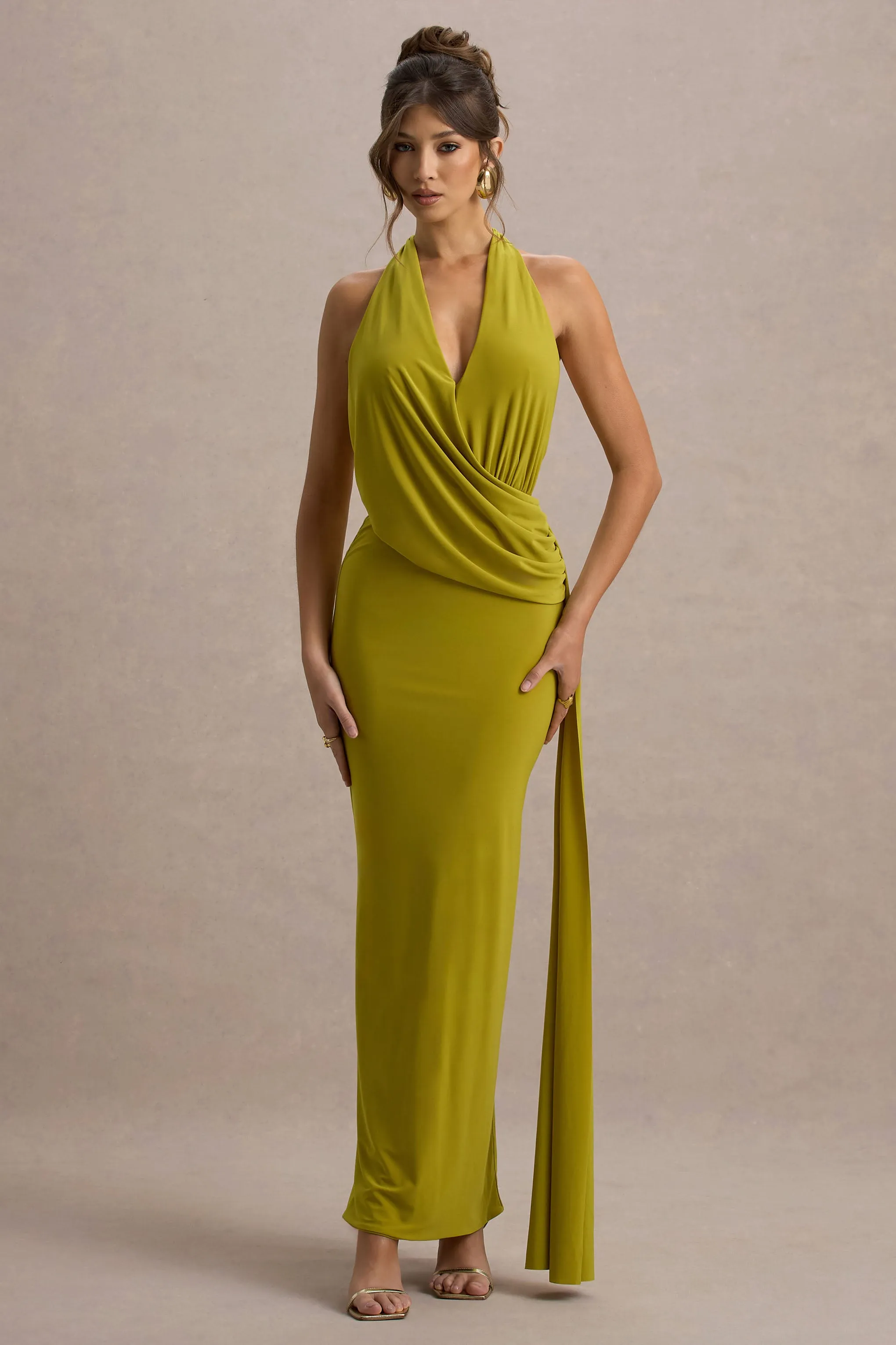 Rosina | Green Halter-Neck Draped Maxi Dress With Sash Club L London