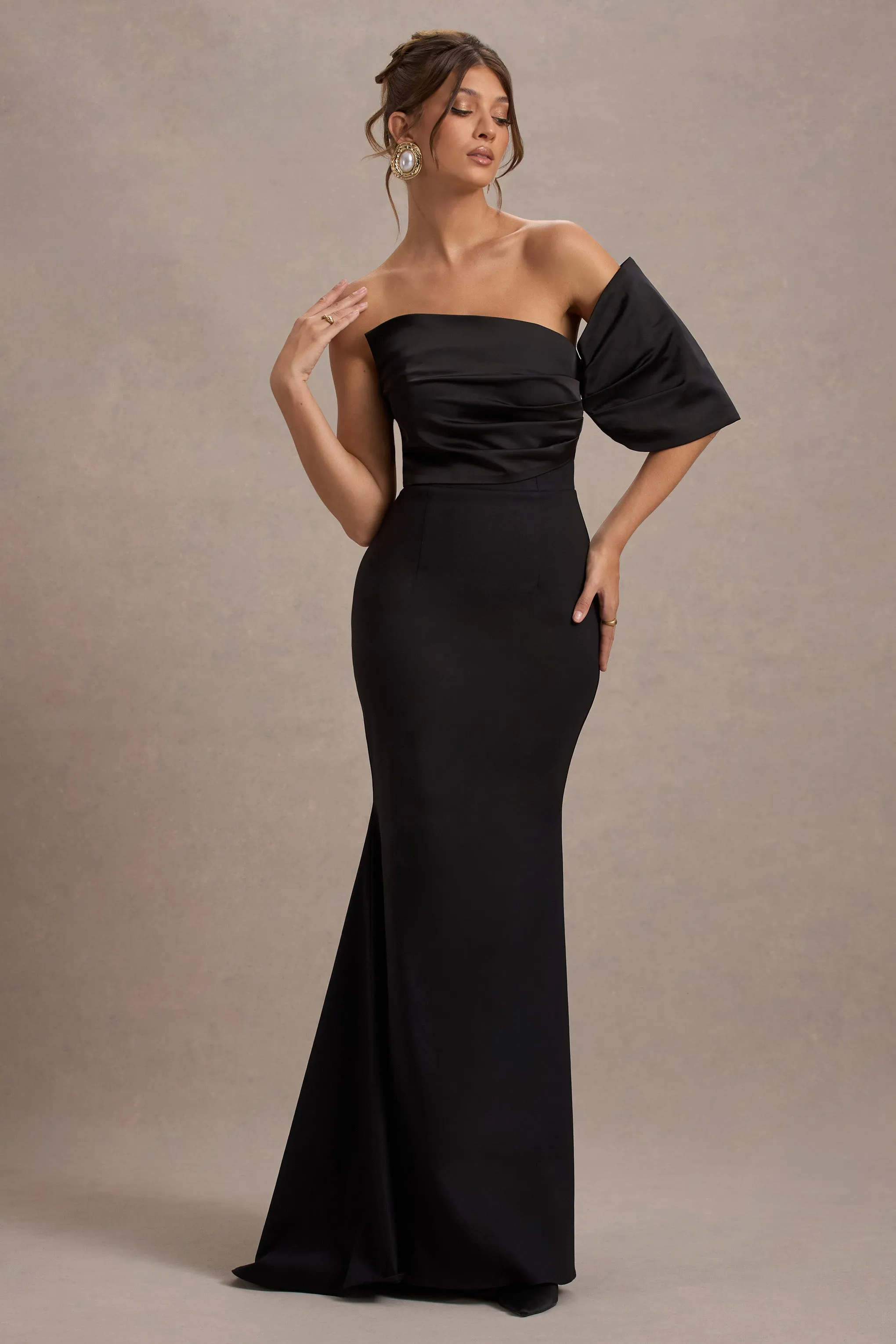 Rosora | Black Asymmetric One-Sleeve Fishtail Maxi Dress Club L London