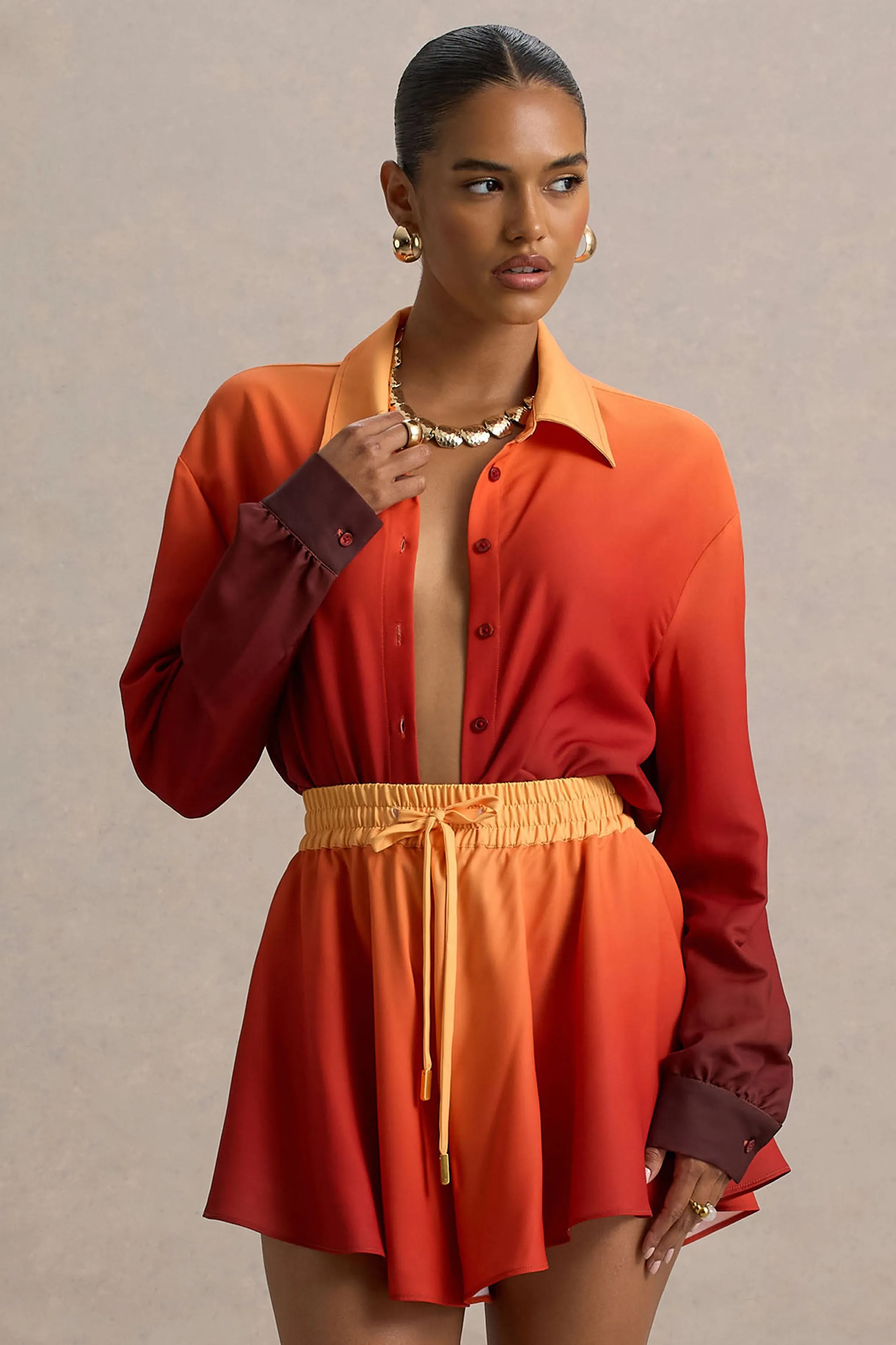 Rowan | Ombre Satin Shirt with Plunge Neckline Club L London