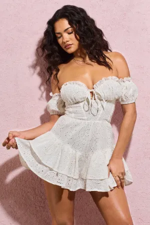 Rowena | White Broderie Bardot Ruffled Playsuit Club L London