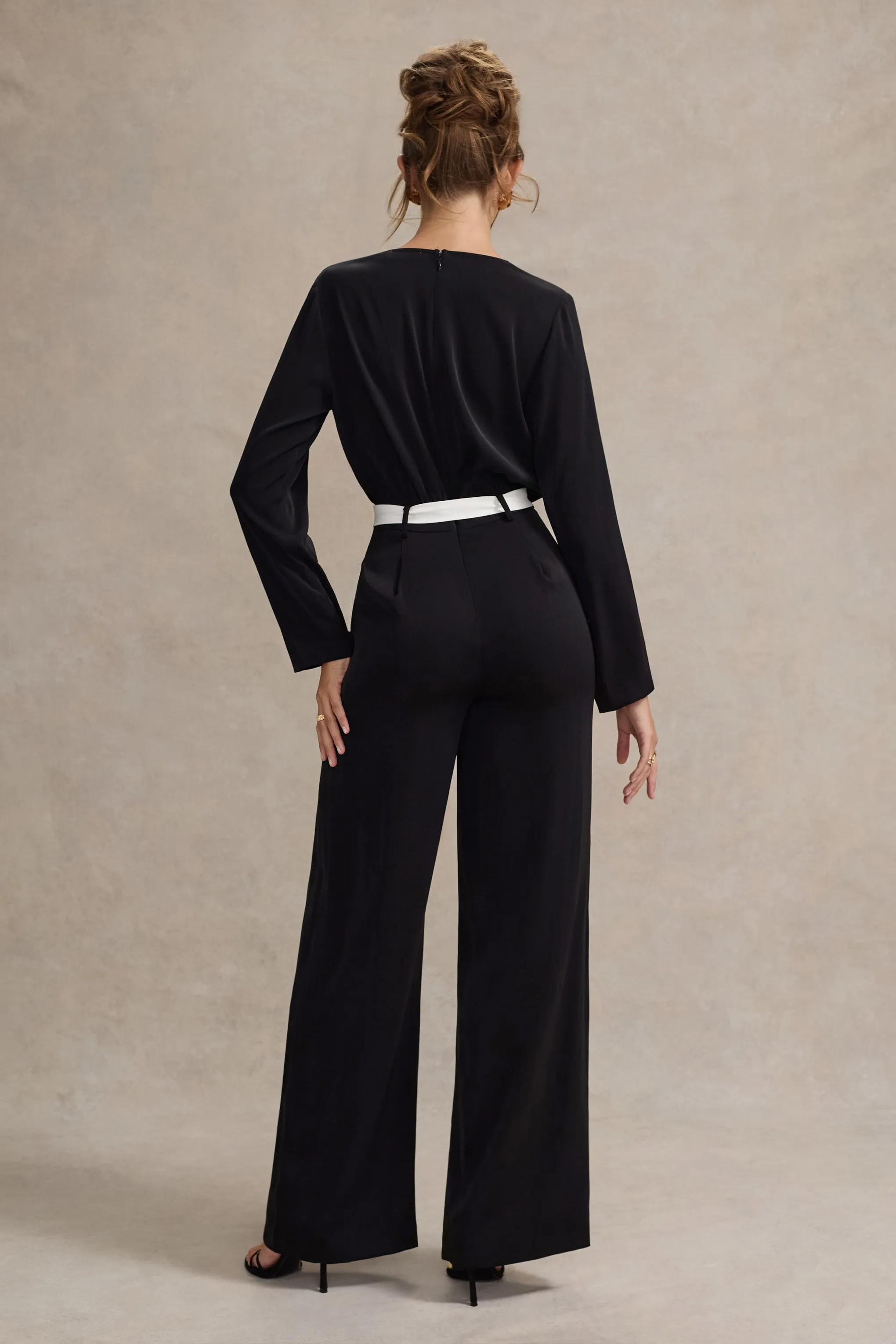 Ruba | Black Tailored Plunge Jumpsuit With Tie Waist Club L London
