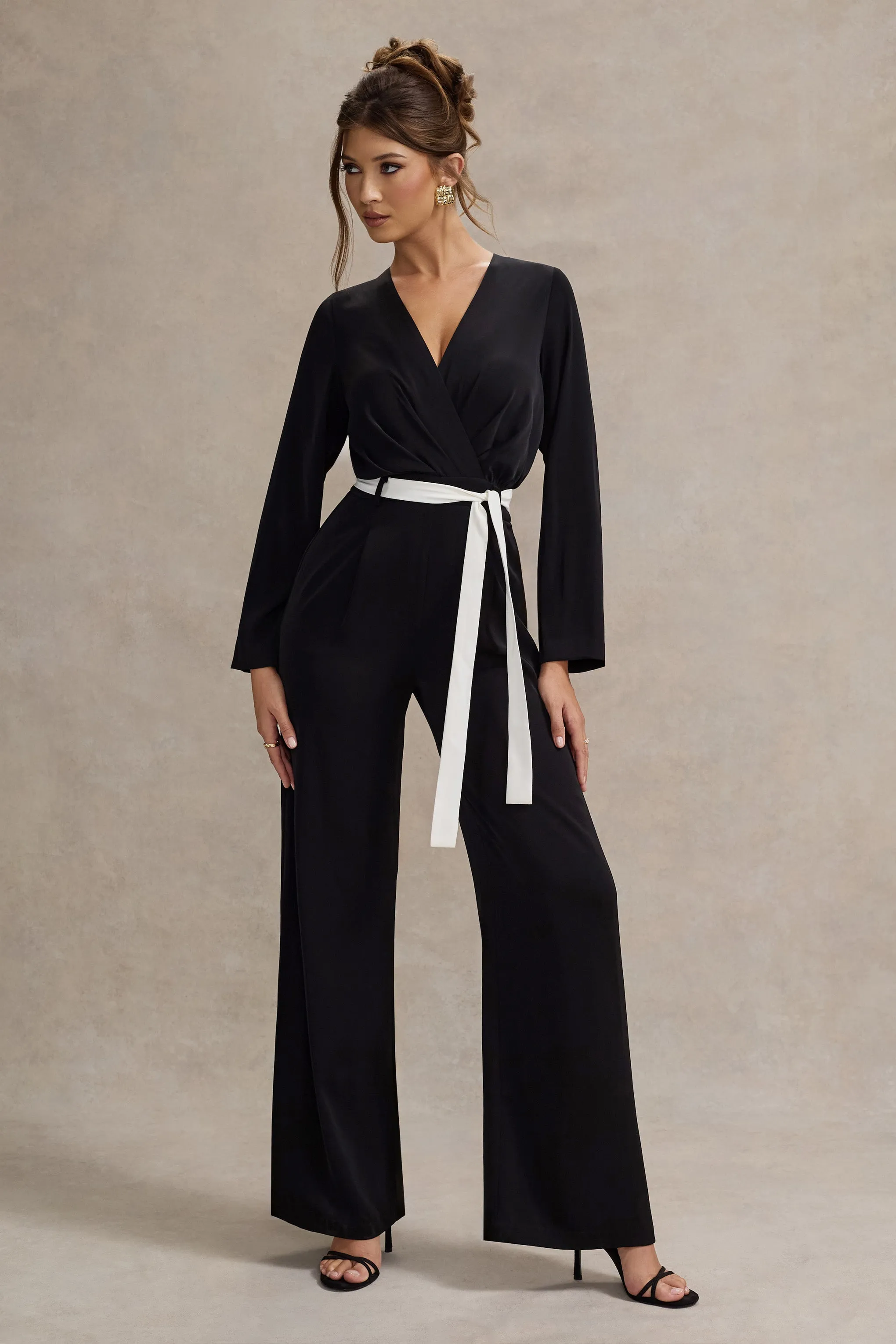 Ruba | Black Tailored Plunge Jumpsuit With Tie Waist Club L London