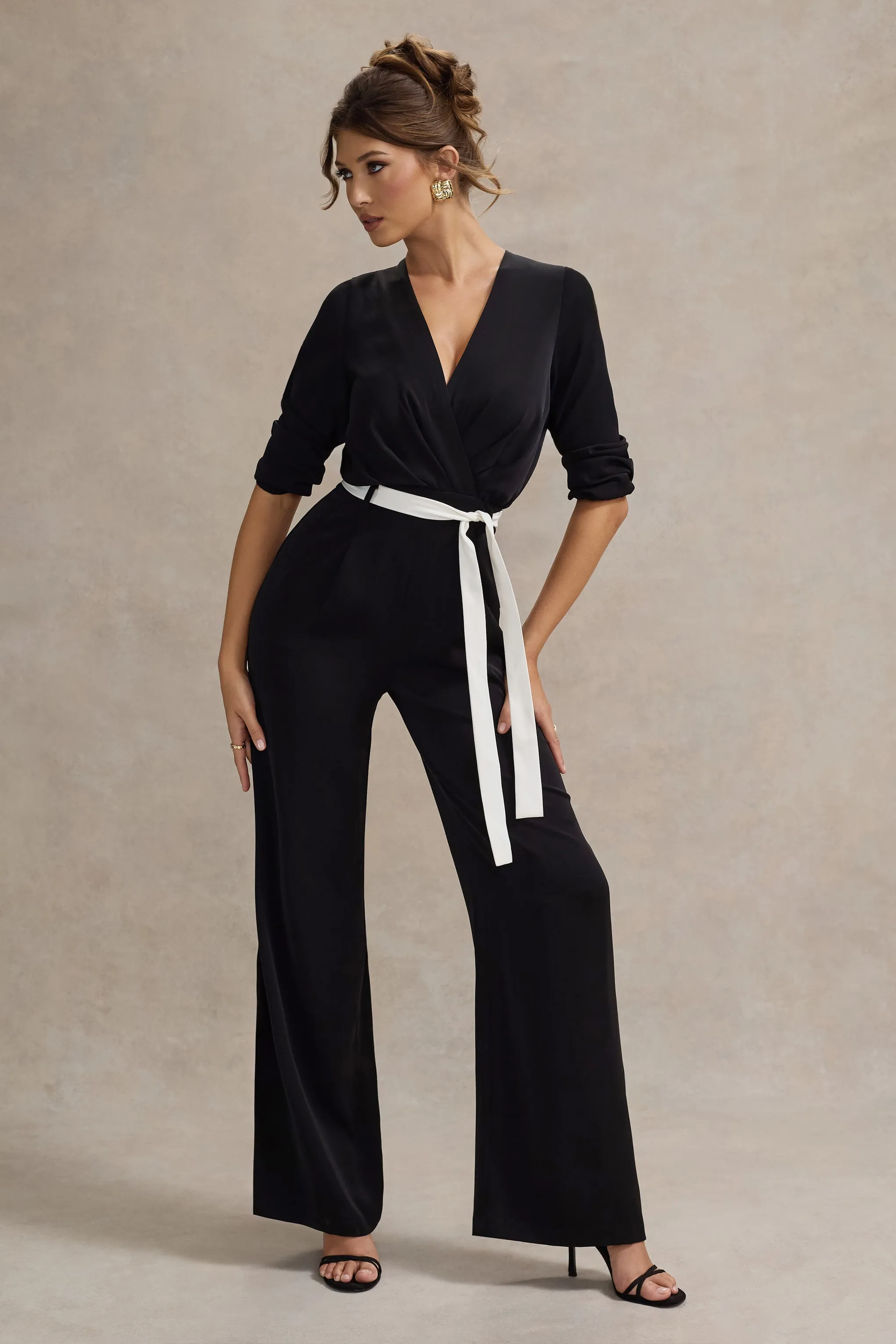 Ruba | Black Tailored Plunge Jumpsuit With Tie Waist Club L London