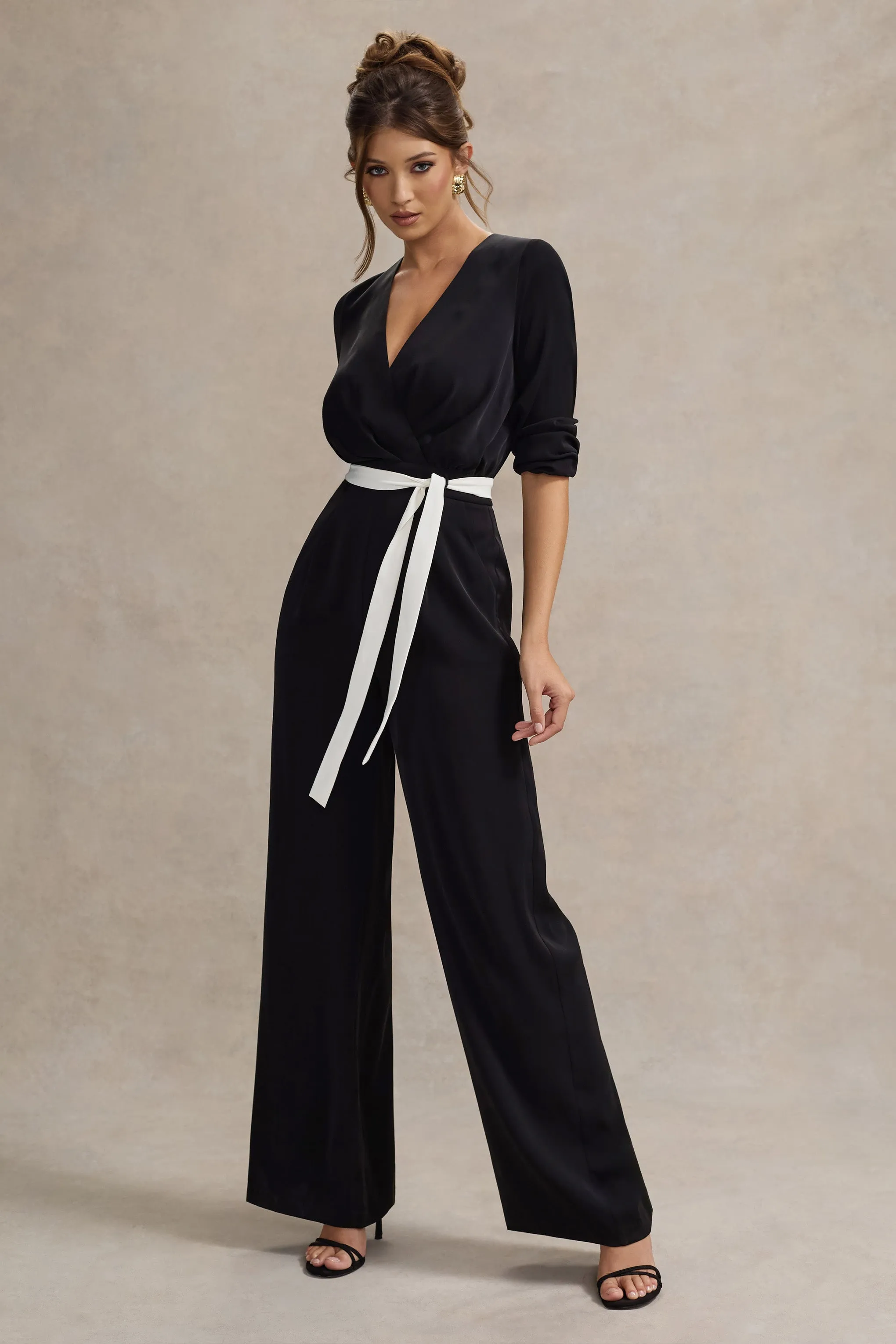 Ruba | Black Tailored Plunge Jumpsuit With Tie Waist Club L London