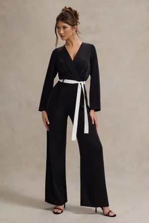 Ruba | Black Tailored Plunge Jumpsuit With Tie Waist Club L London