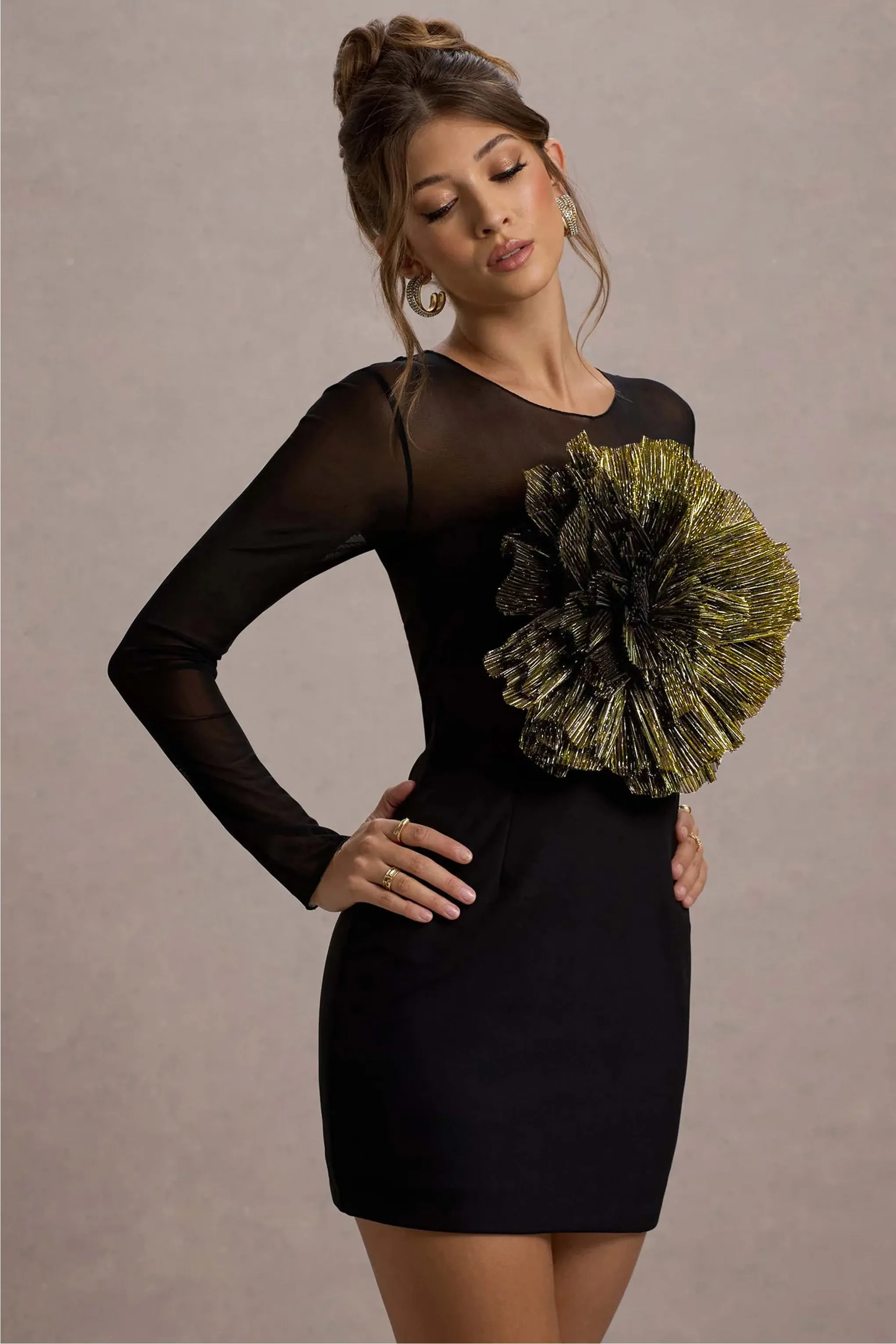 Ruchi | Black Sheer Mini Dress With Corsage Detail Club L London