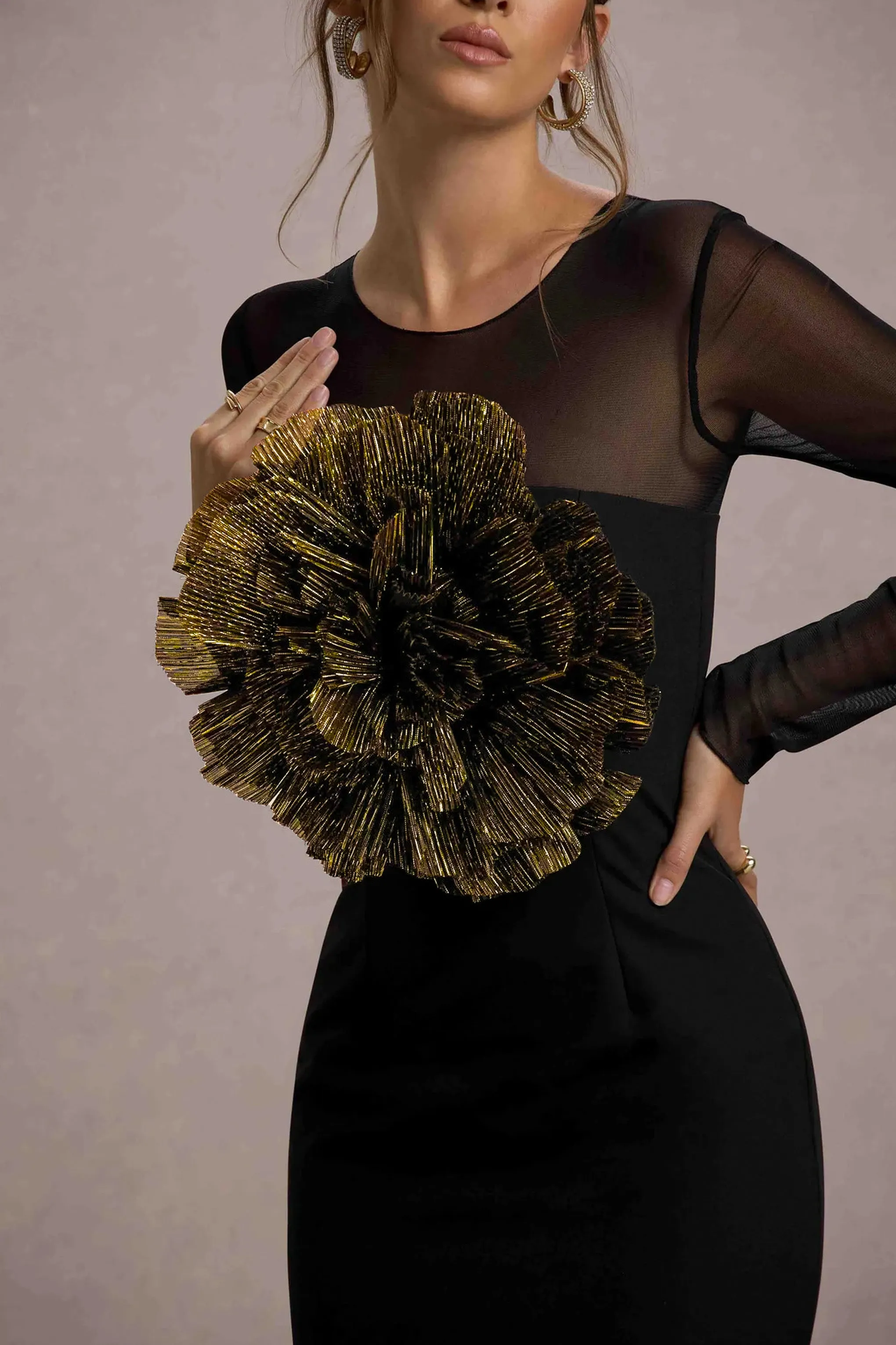 Ruchi | Black Sheer Mini Dress With Corsage Detail Club L London