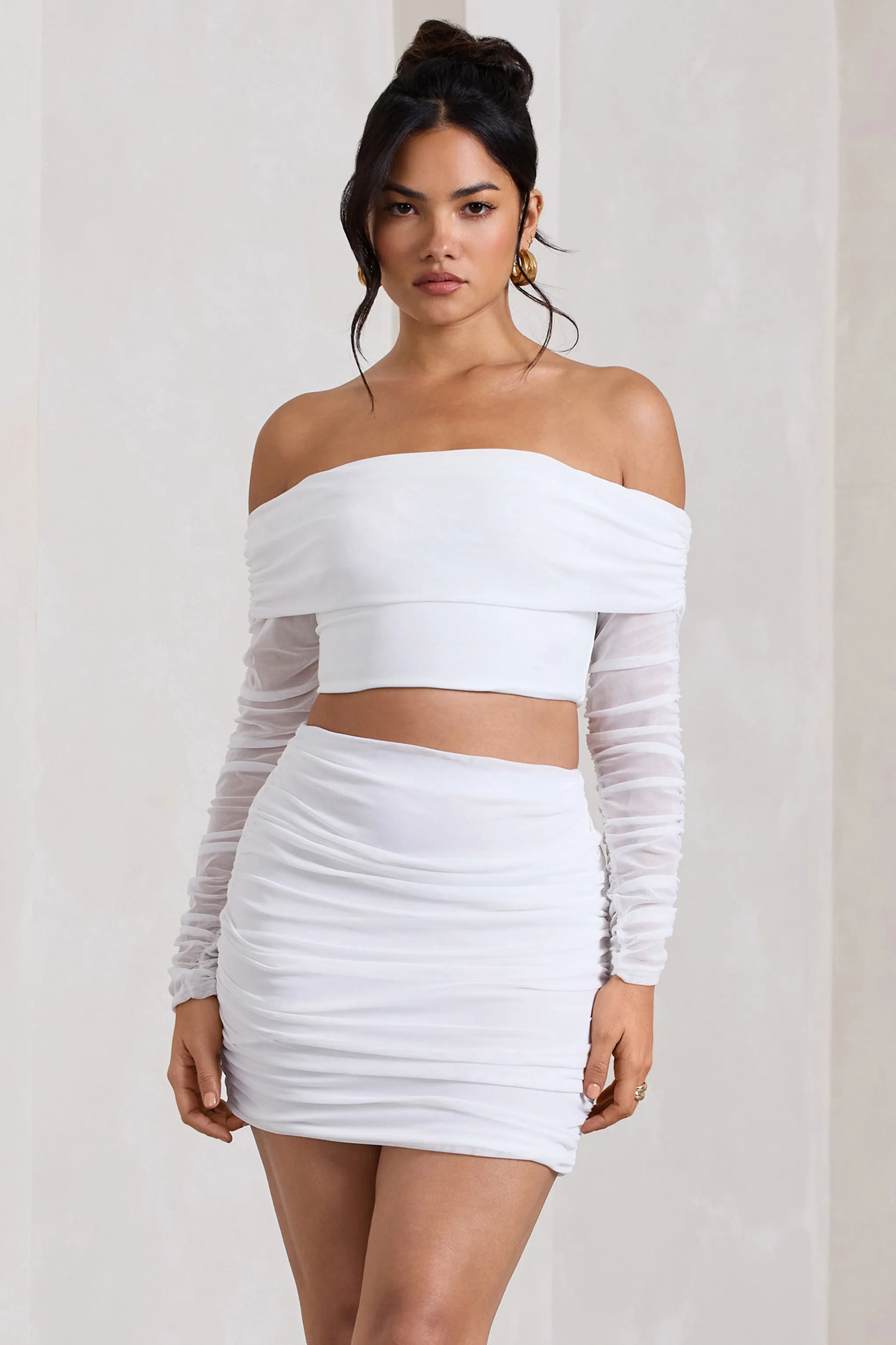 Rule Breaker | White Ruched Mesh Bardot Crop Top Club L London