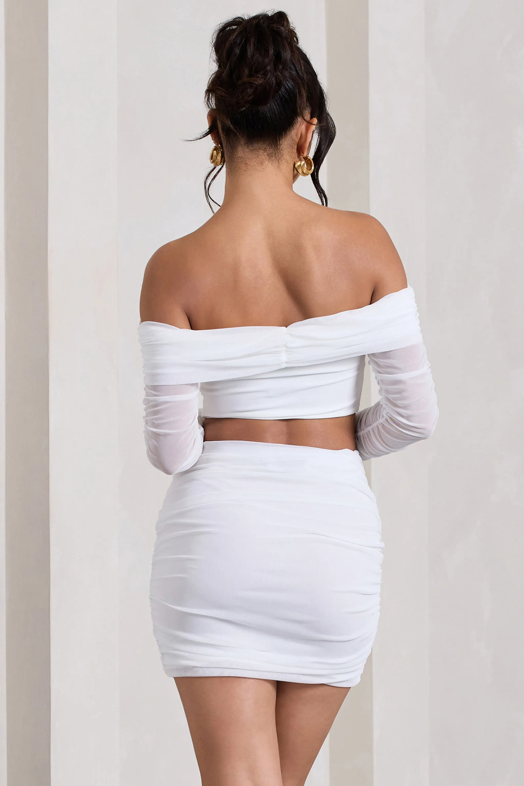 Rule Breaker | White Ruched Mesh Bardot Crop Top Club L London