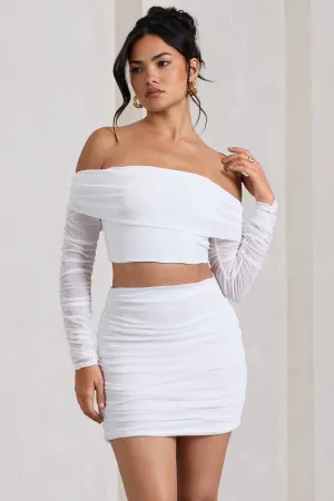 Rule Breaker | White Ruched Mesh Bardot Crop Top Club L London