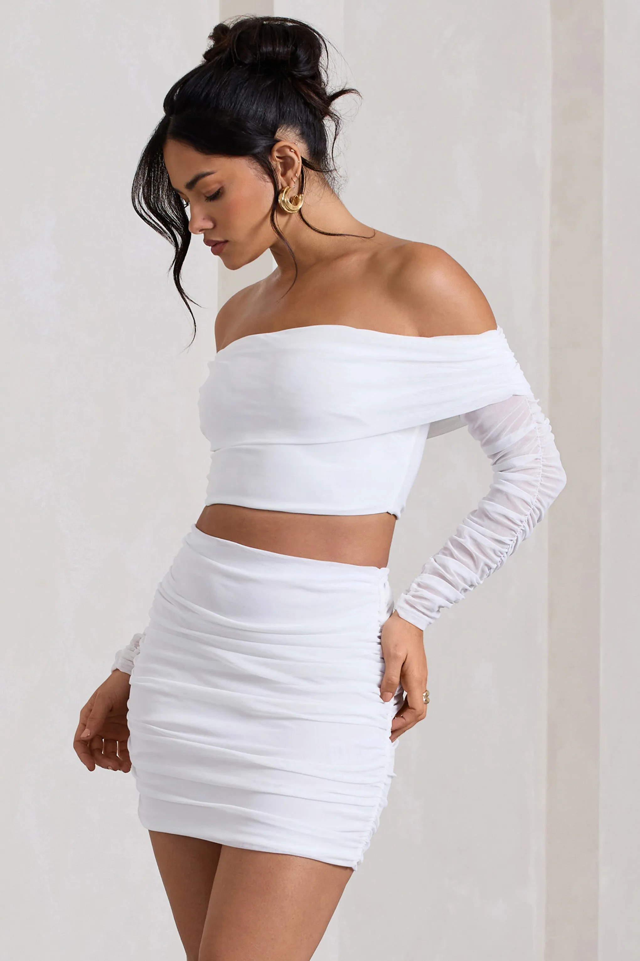 Rule Breaker | White Ruched Mesh Bardot Crop Top Club L London