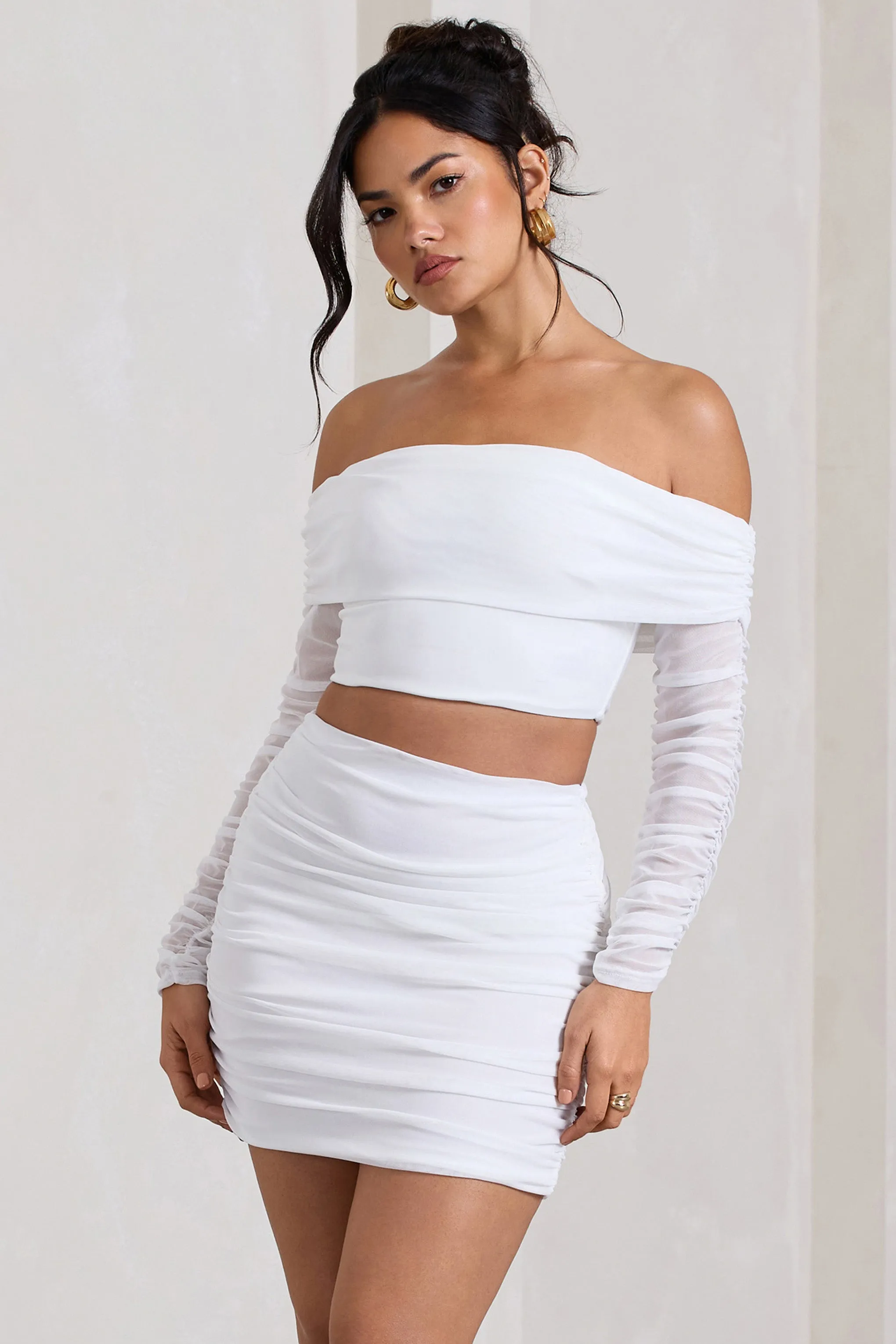 Rule Breaker | White Ruched Mesh Bardot Crop Top Club L London