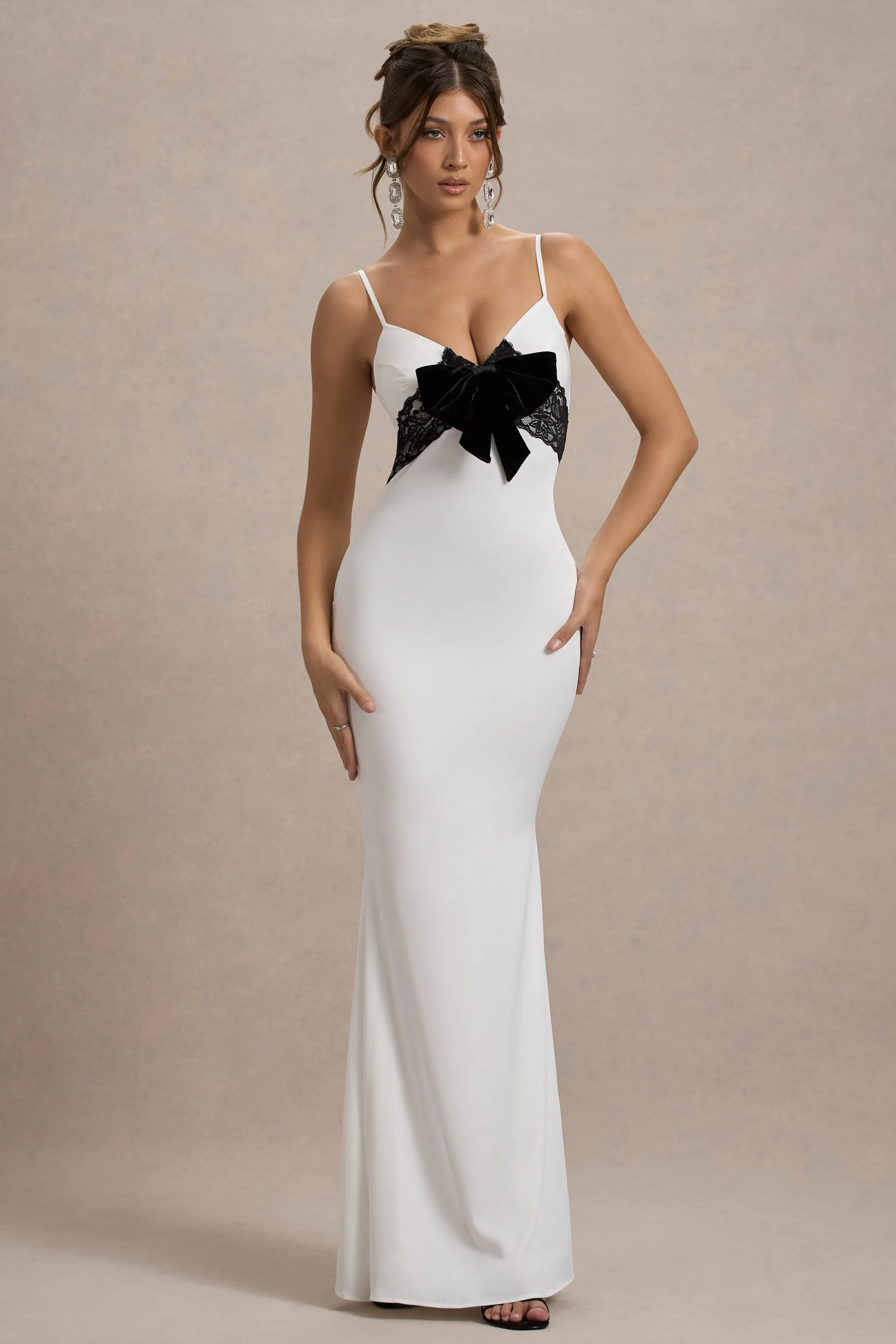 Rumi | White Satin Strappy Maxi Dress With Velvet Bow Club L London