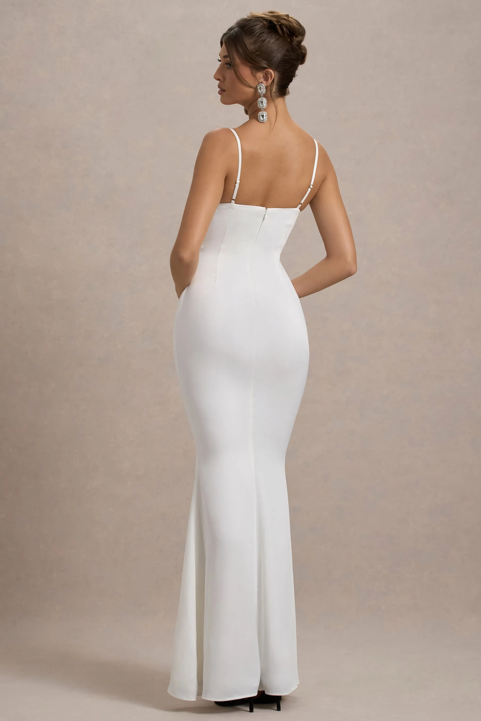Rumi | White Satin Strappy Maxi Dress With Velvet Bow Club L London