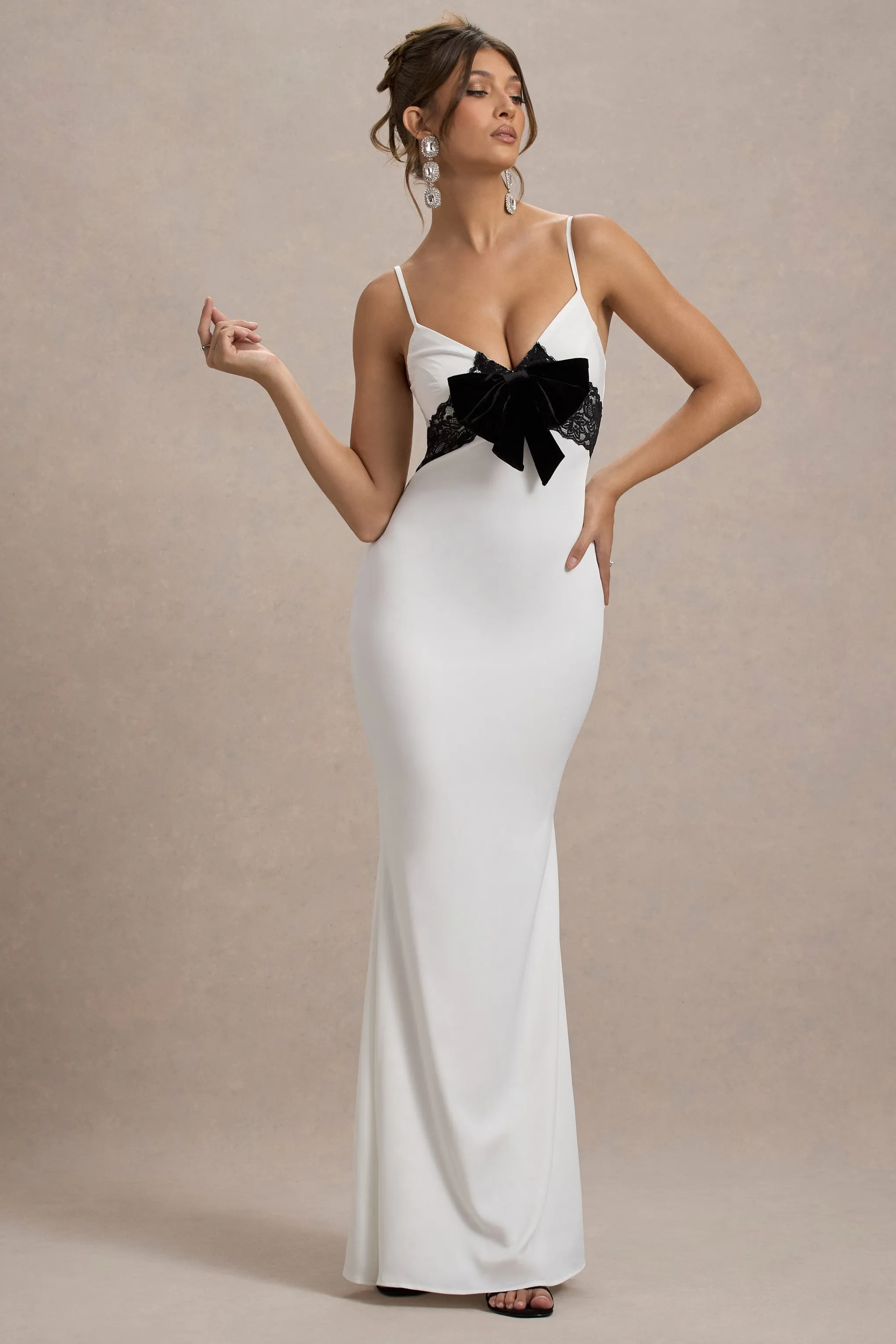 Rumi | White Satin Strappy Maxi Dress With Velvet Bow Club L London