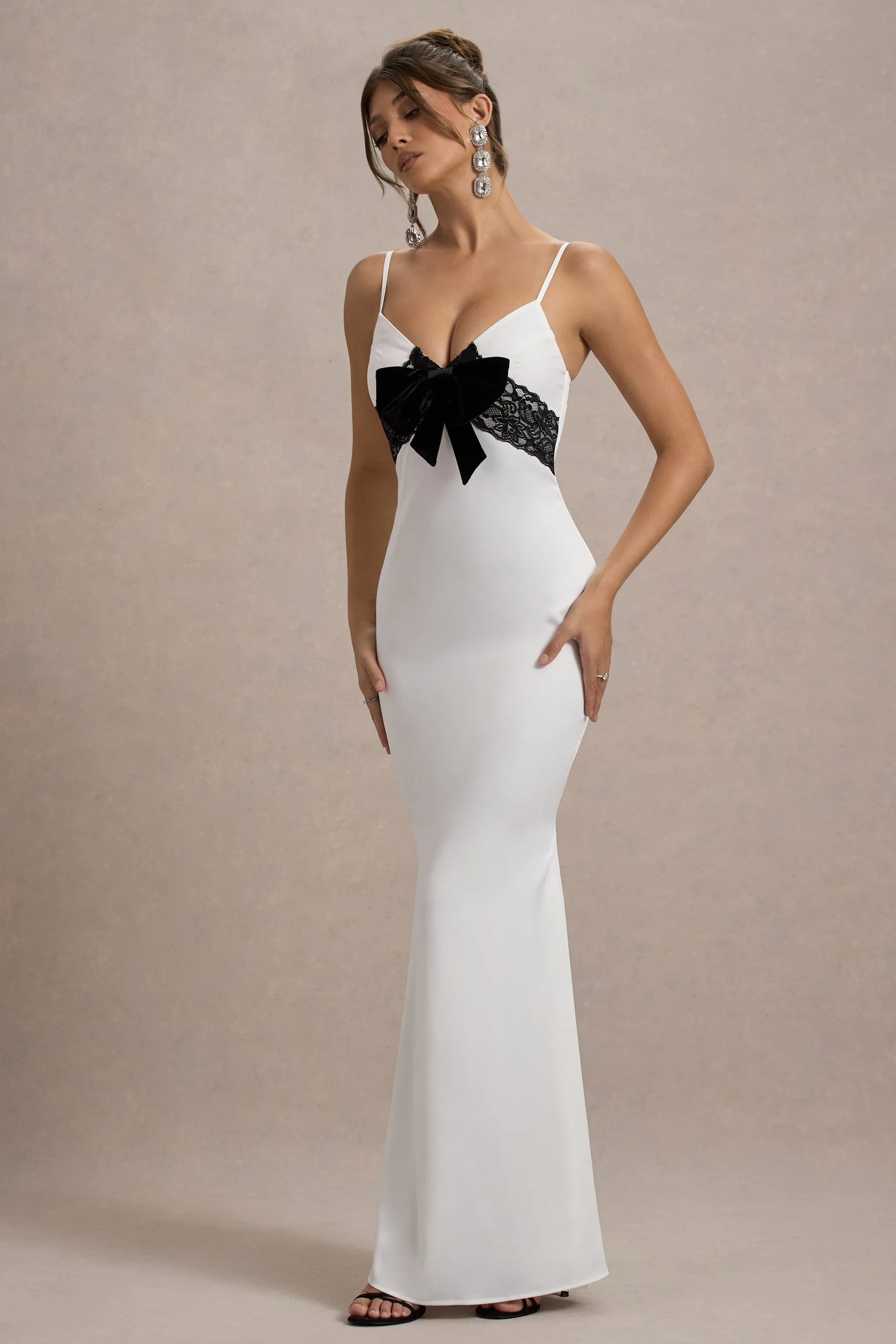 Rumi | White Satin Strappy Maxi Dress With Velvet Bow Club L London
