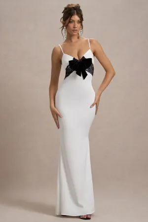 Rumi | White Satin Strappy Maxi Dress With Velvet Bow Club L London