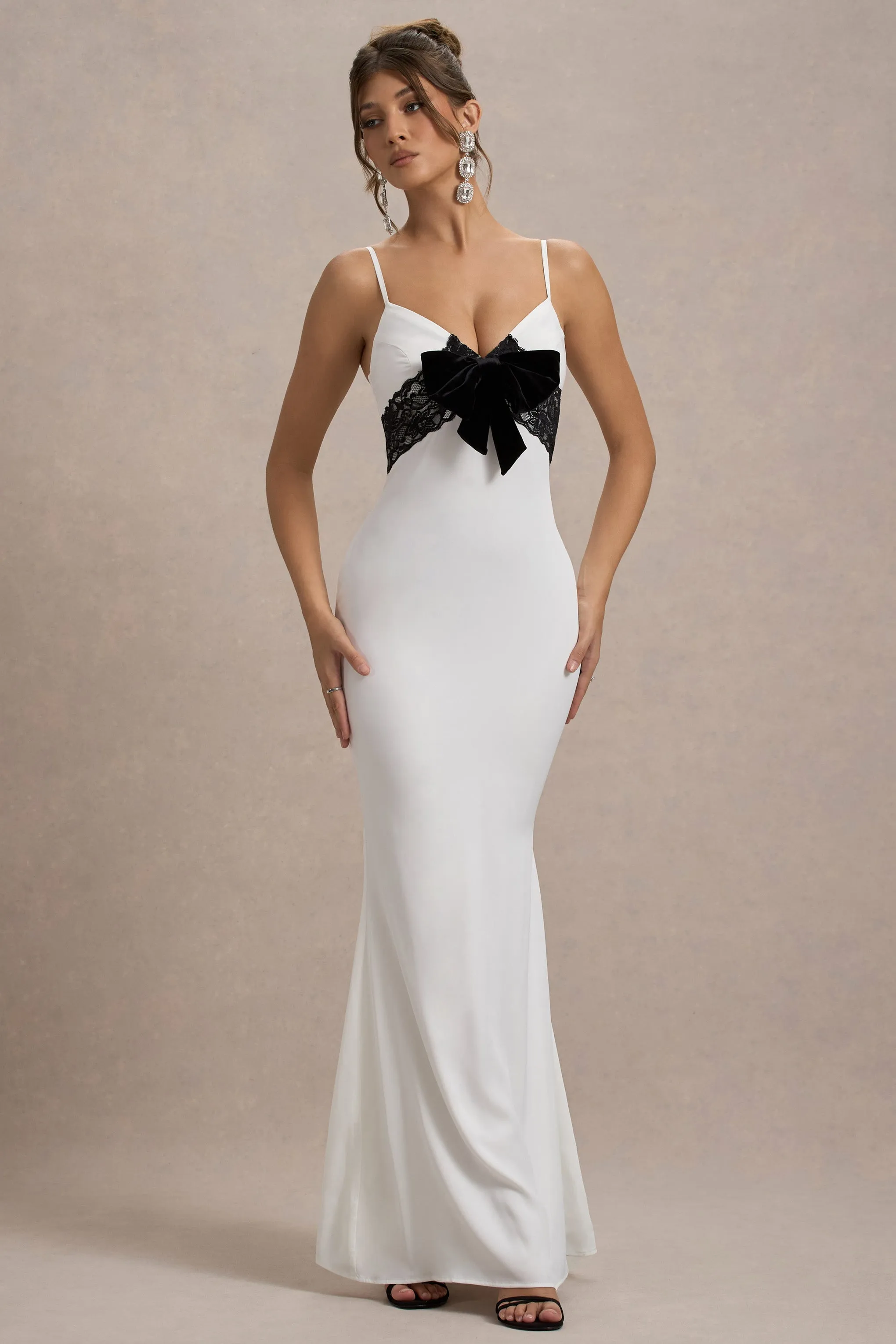 Rumi | White Satin Strappy Maxi Dress With Velvet Bow Club L London
