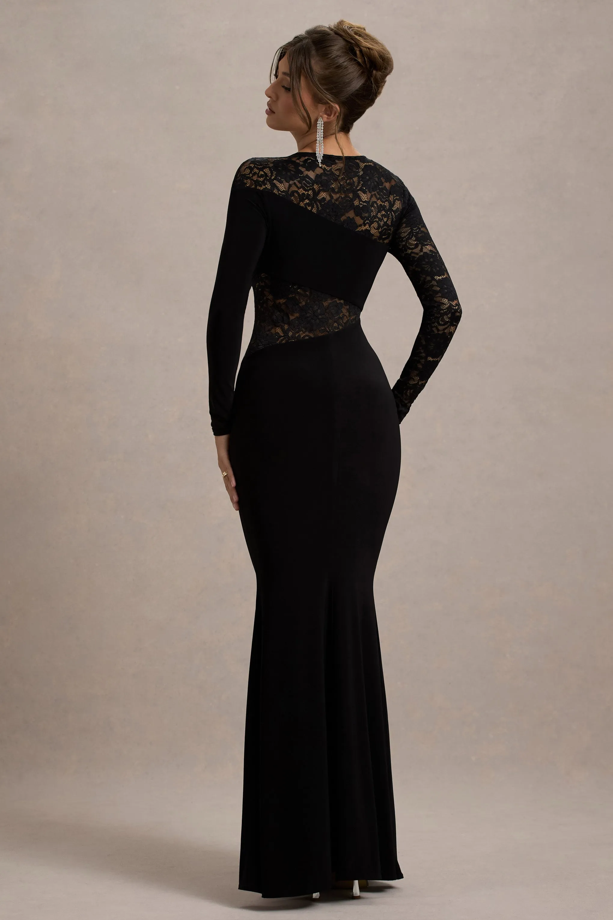 Runway | Black Lace Asymmetric Cut-Out Maxi Dress Club L London