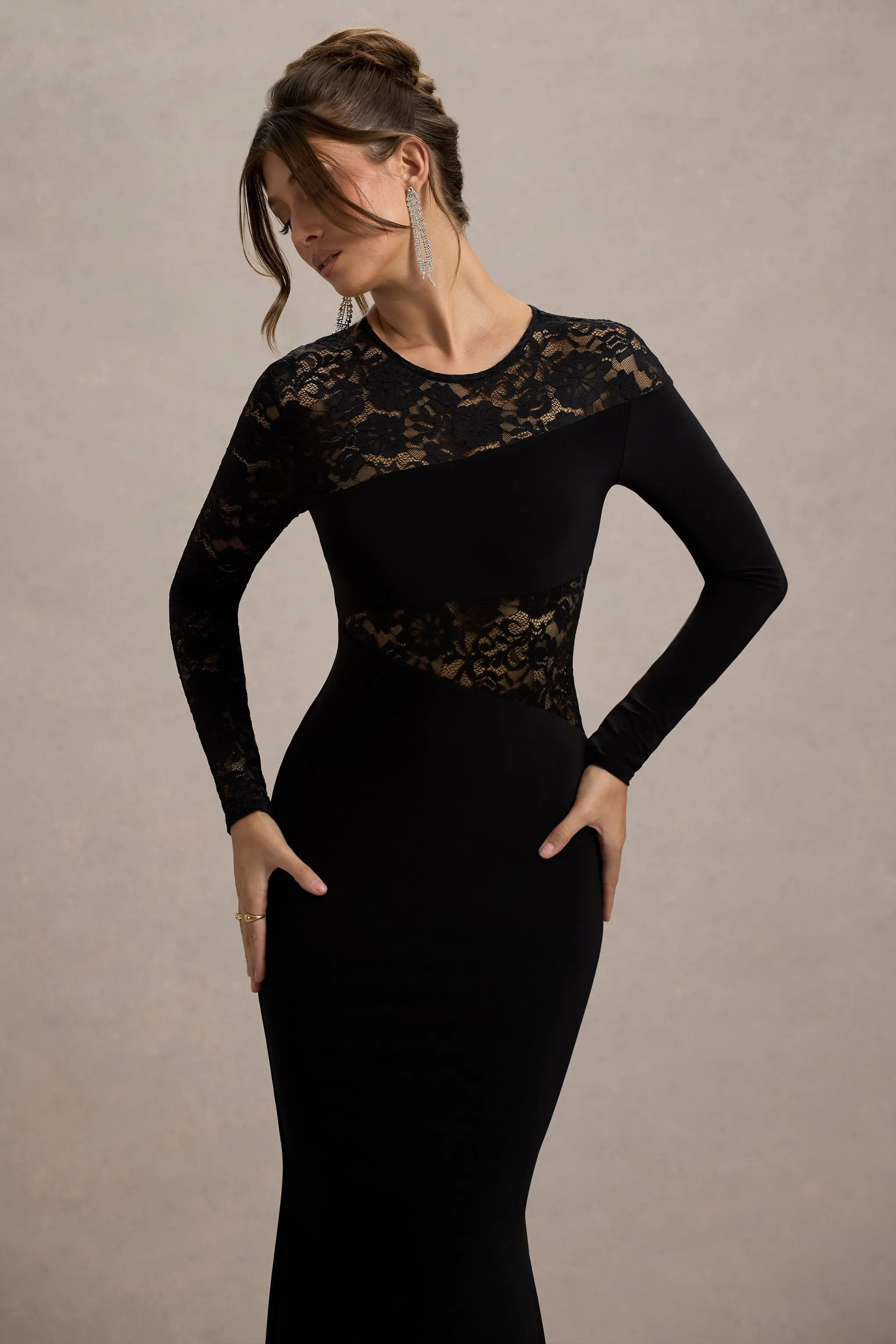 Runway | Black Lace Asymmetric Cut-Out Maxi Dress Club L London