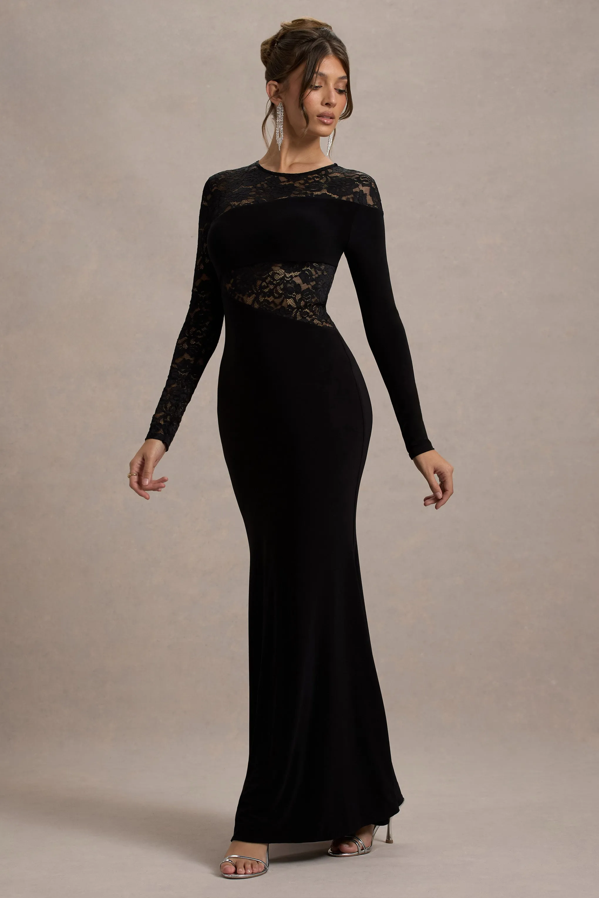 Runway | Black Lace Asymmetric Cut-Out Maxi Dress Club L London