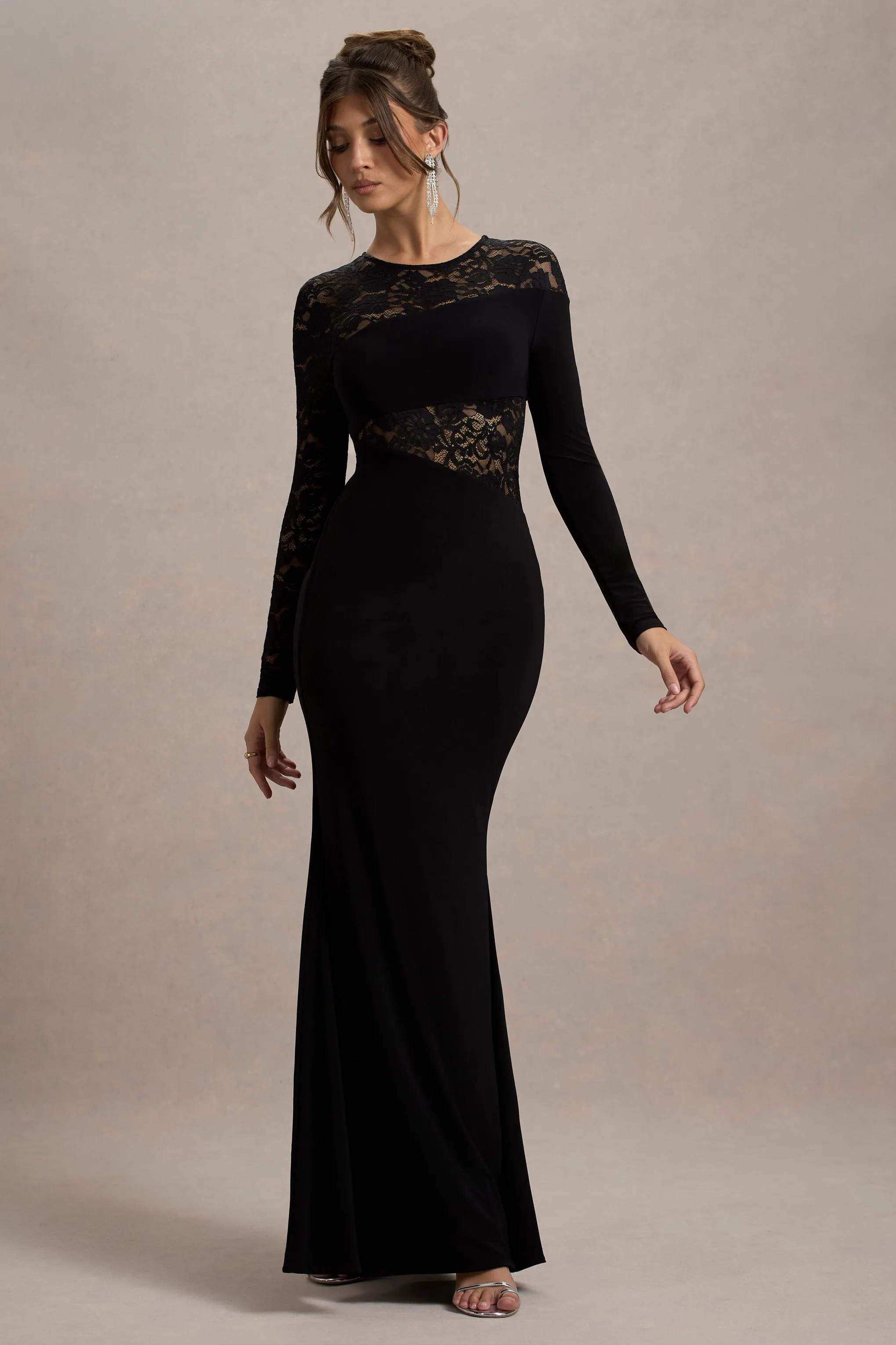 Runway | Black Lace Asymmetric Cut-Out Maxi Dress Club L London