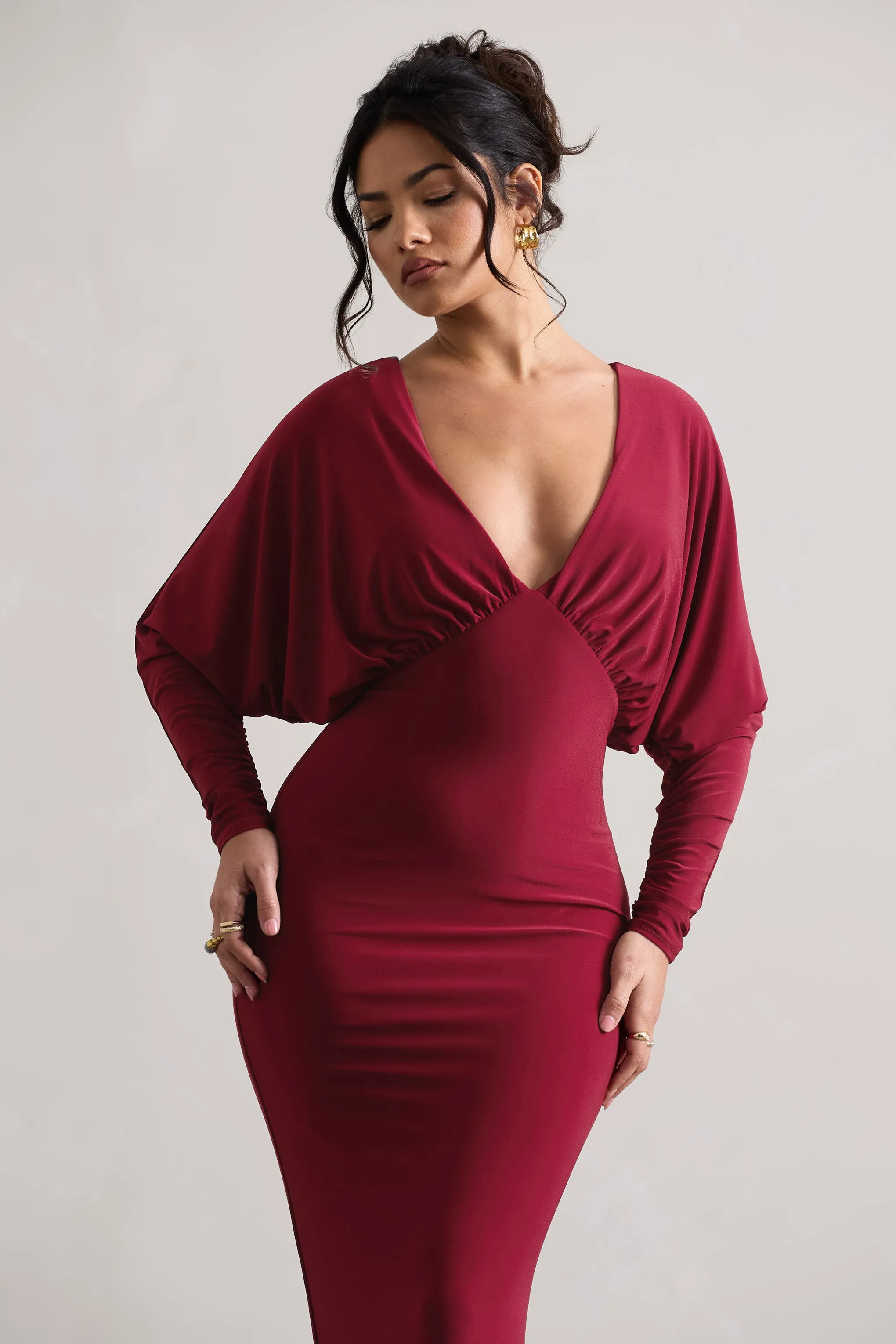 Ruth | Berry Draped Plunge-Neck Maxi Dress Club L London