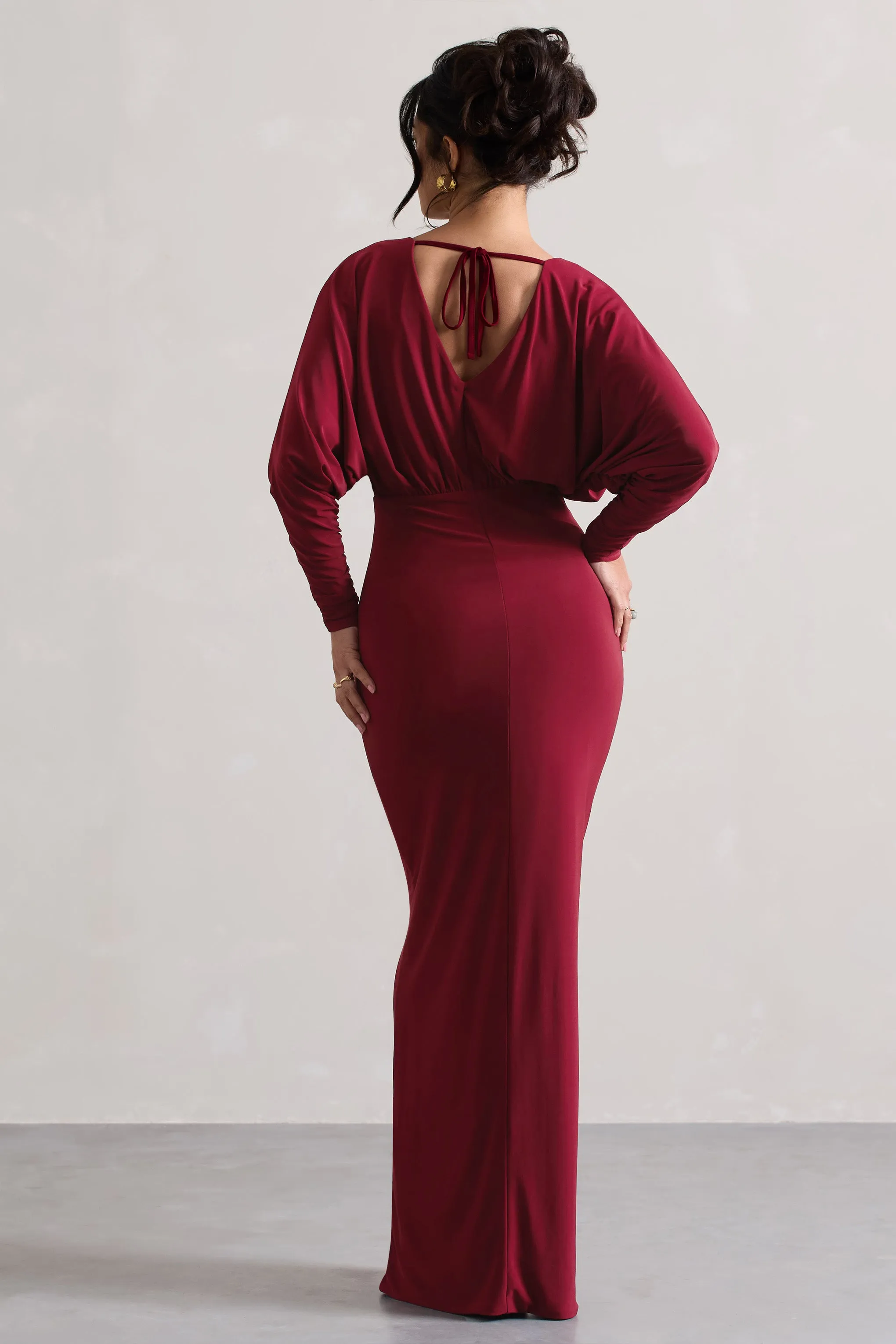 Ruth | Berry Draped Plunge-Neck Maxi Dress Club L London