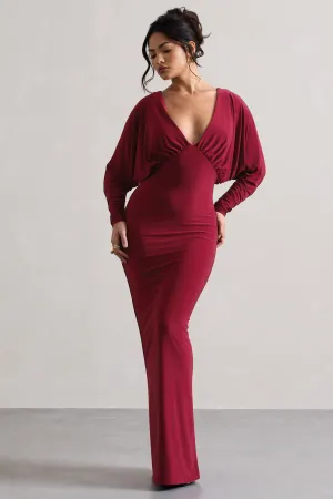 Ruth | Berry Draped Plunge-Neck Maxi Dress Club L London