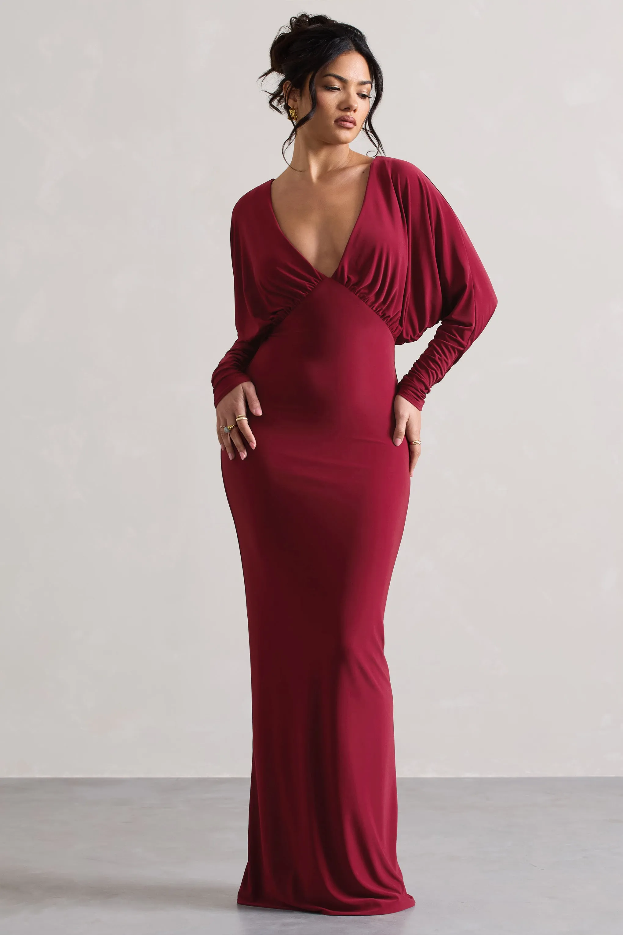 Ruth | Berry Draped Plunge-Neck Maxi Dress Club L London