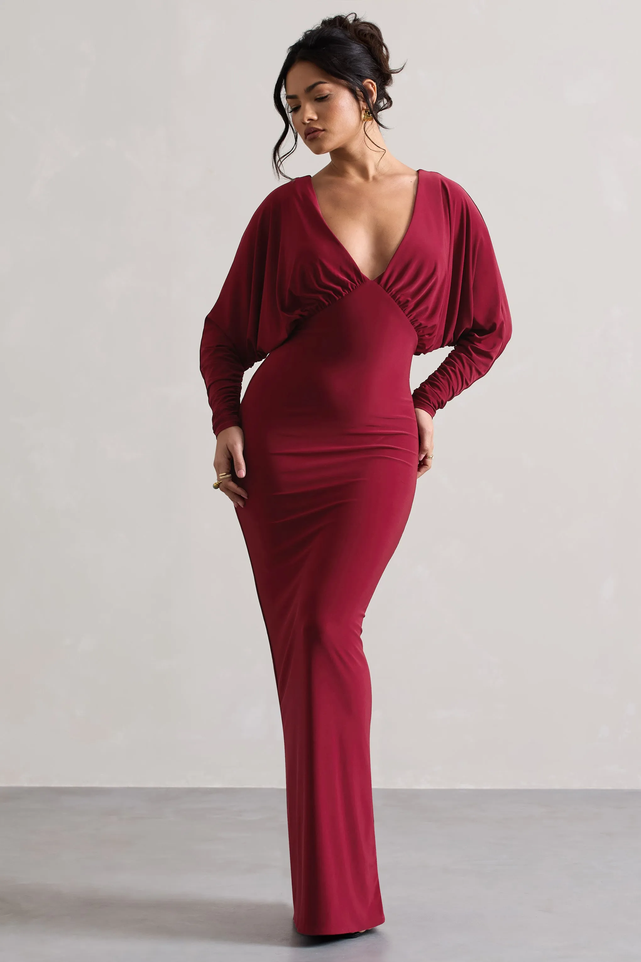 Ruth | Berry Draped Plunge-Neck Maxi Dress Club L London