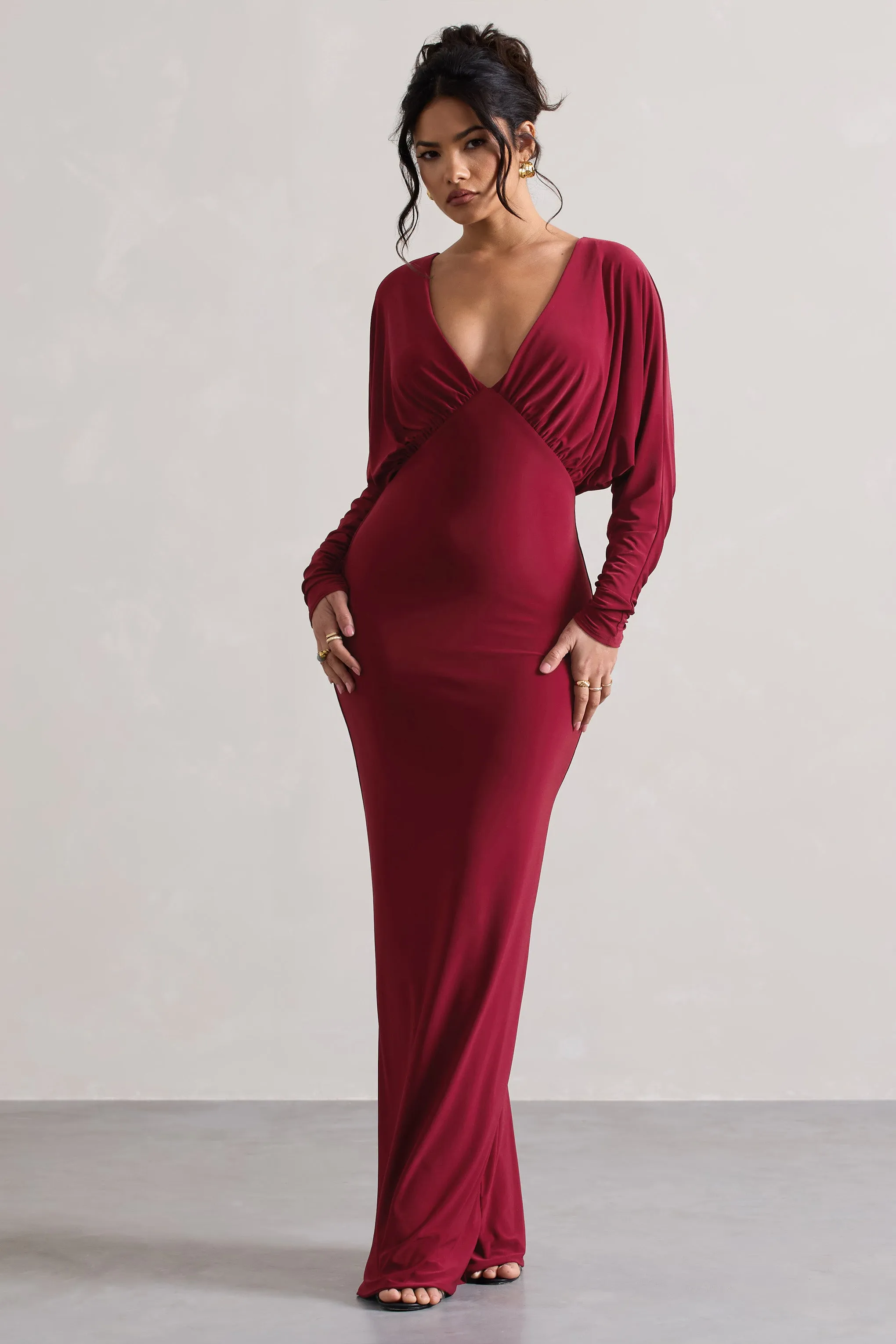 Ruth | Berry Draped Plunge-Neck Maxi Dress Club L London