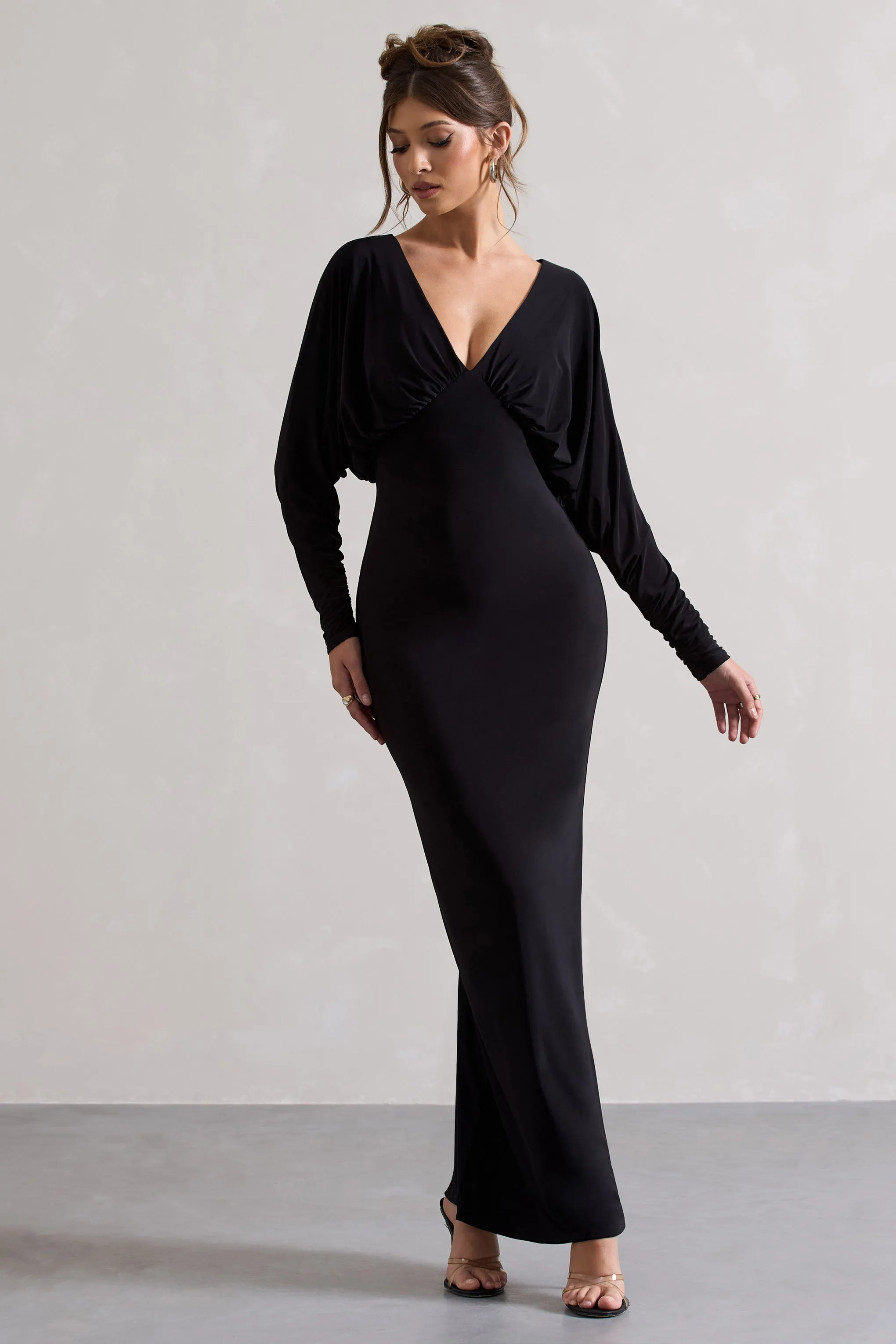 Ruth | Black Draped Plunge-Neck Maxi Dress Club L London