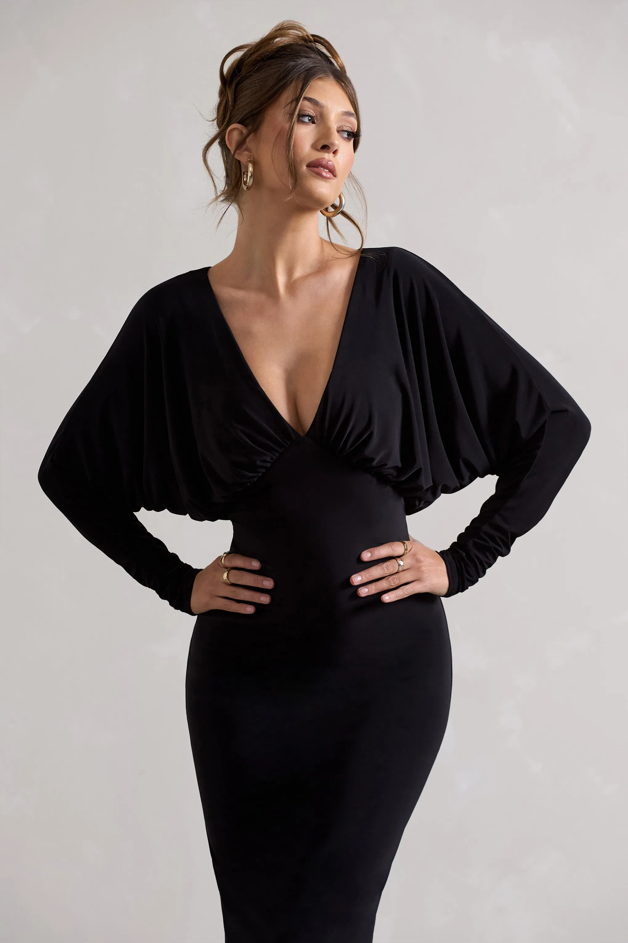 Ruth | Black Draped Plunge-Neck Maxi Dress Club L London
