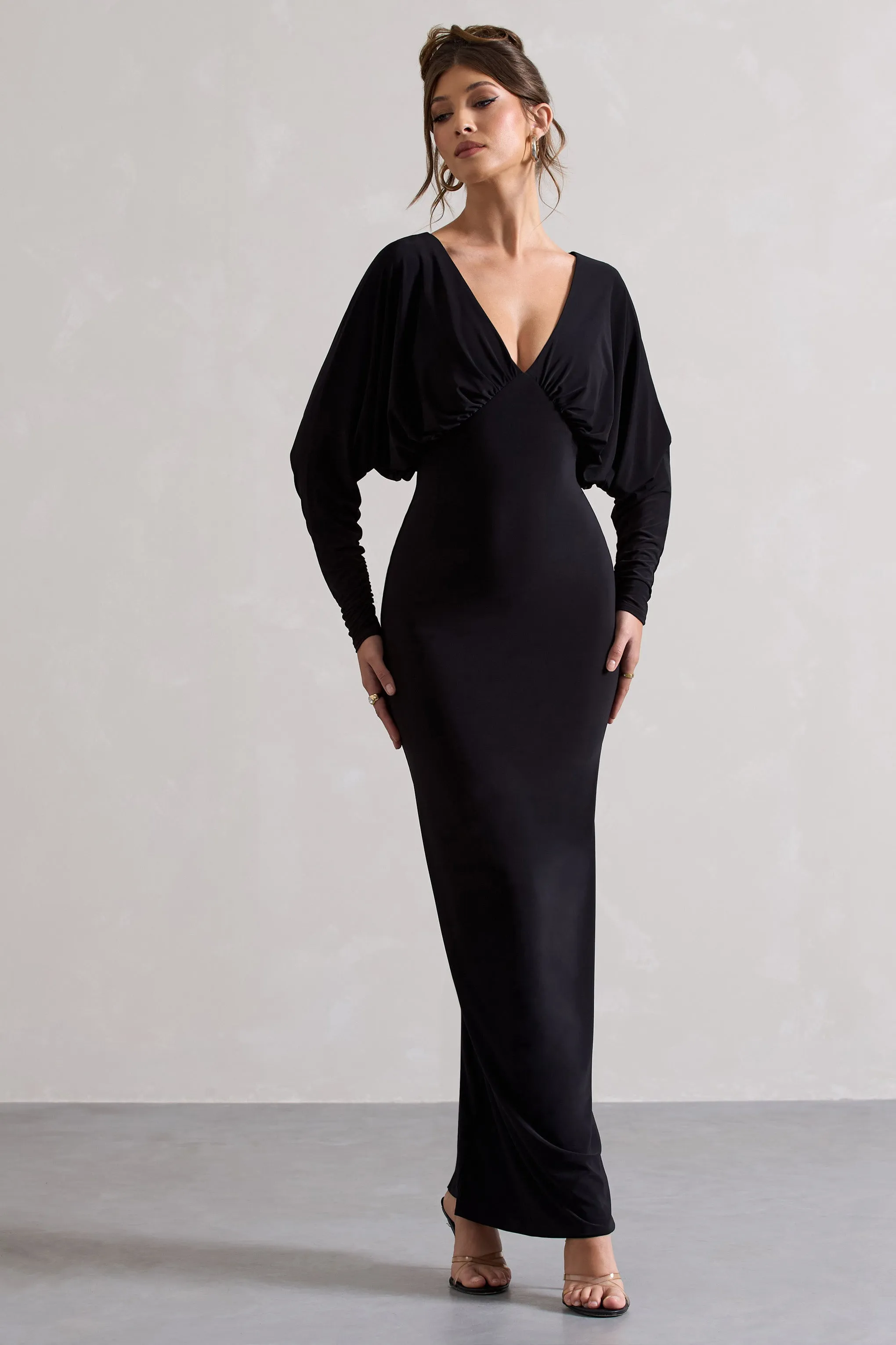 Ruth | Black Draped Plunge-Neck Maxi Dress Club L London