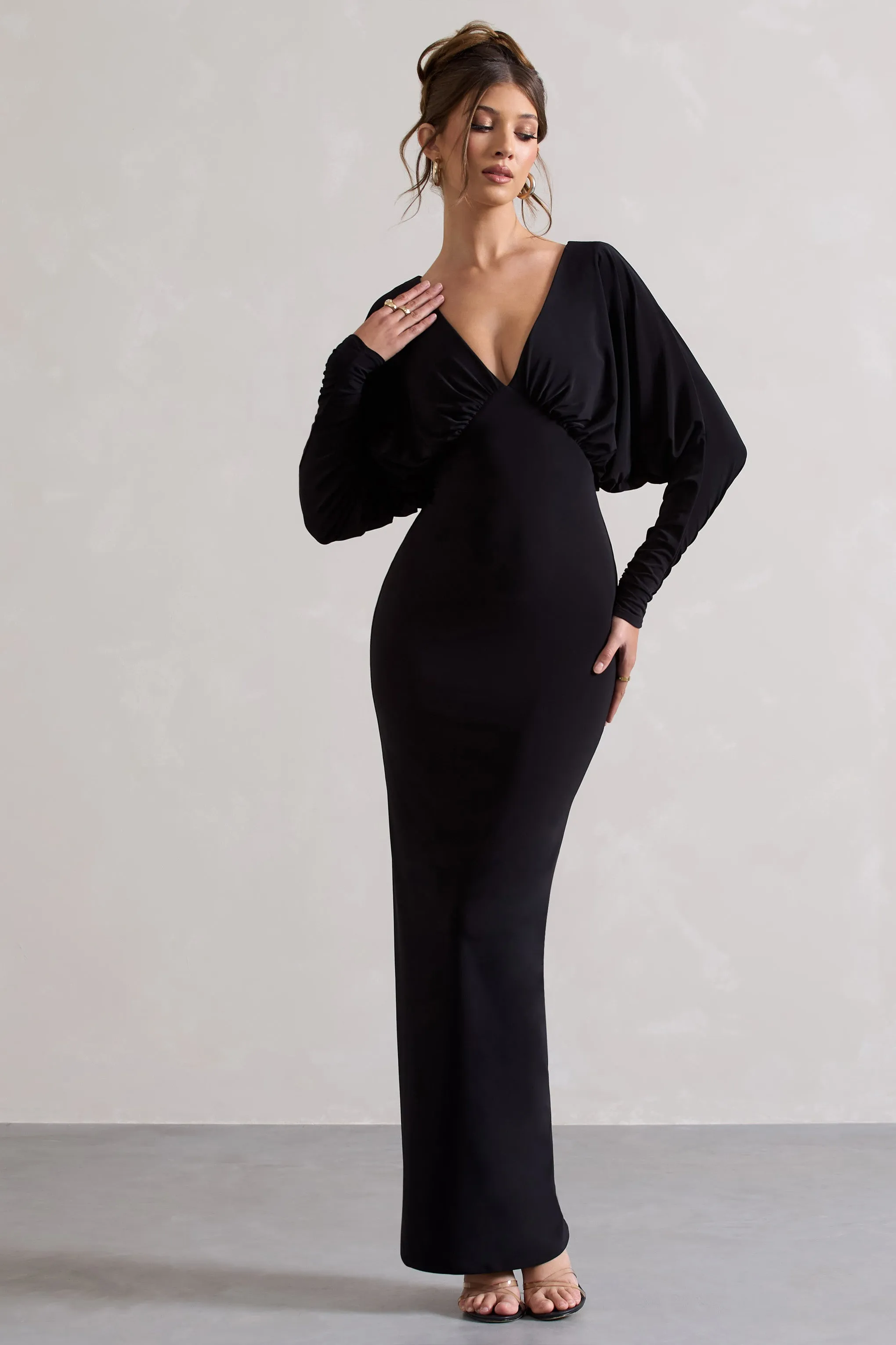 Ruth | Black Draped Plunge-Neck Maxi Dress Club L London