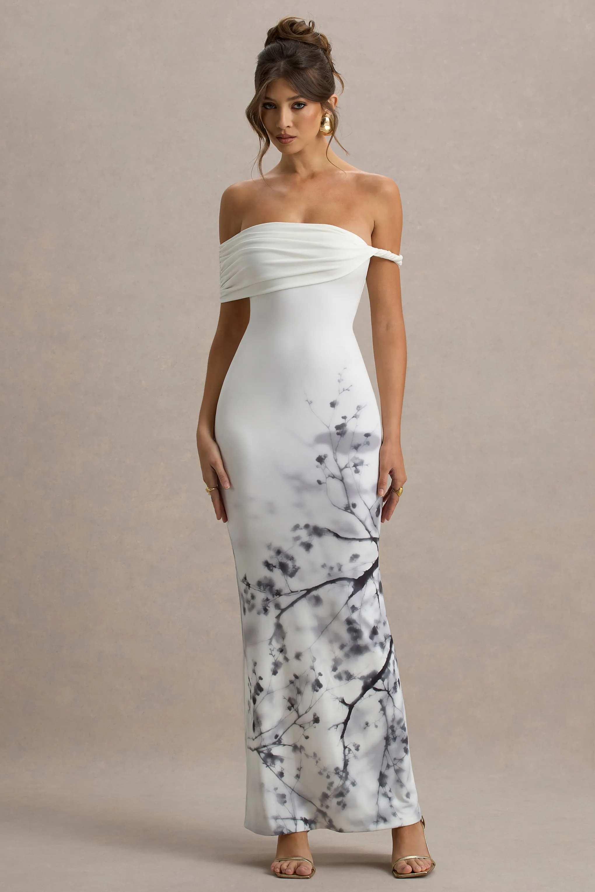 Sachi | White Print Twisted Bardot Maxi Dress Club L London