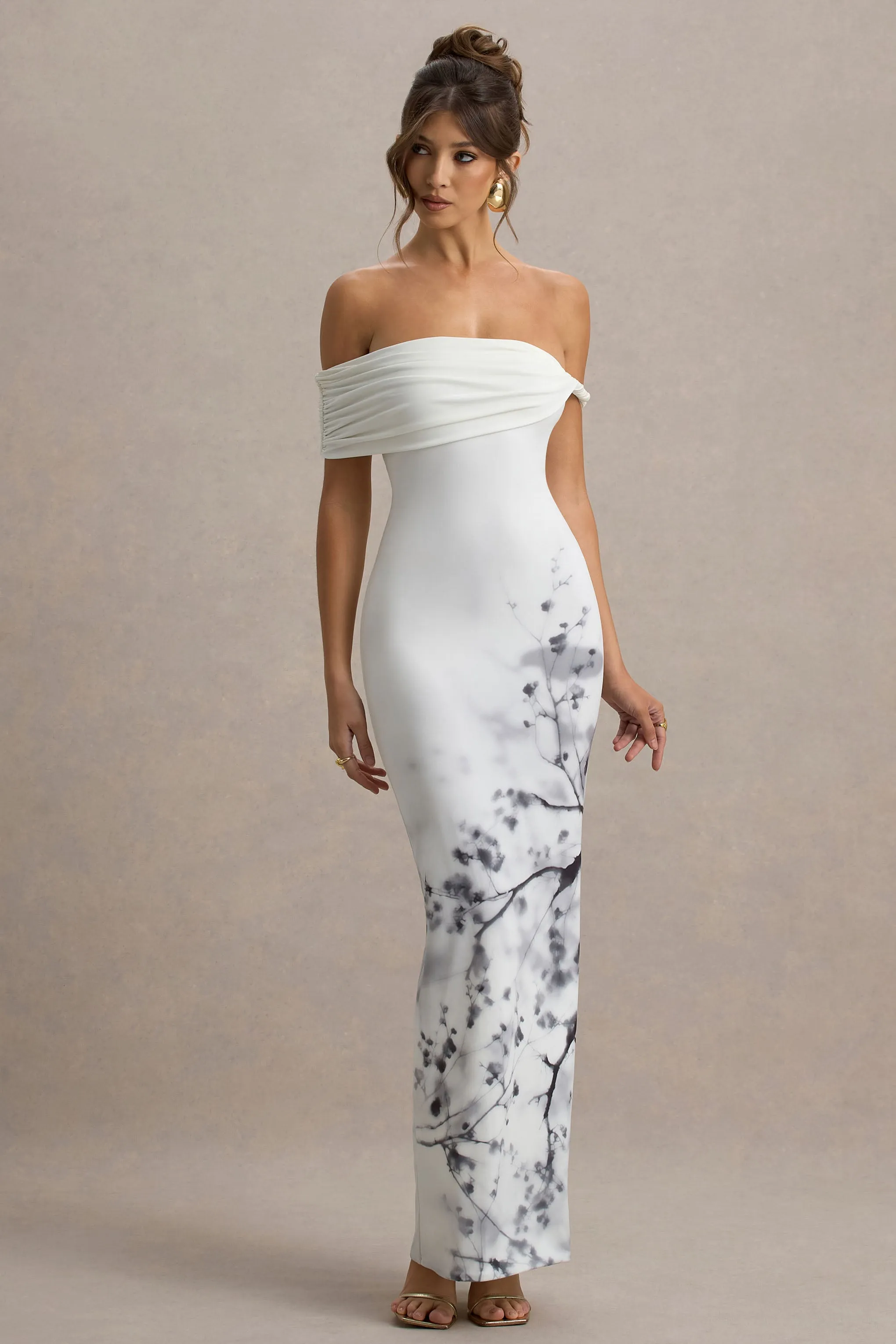 Sachi | White Print Twisted Bardot Maxi Dress Club L London