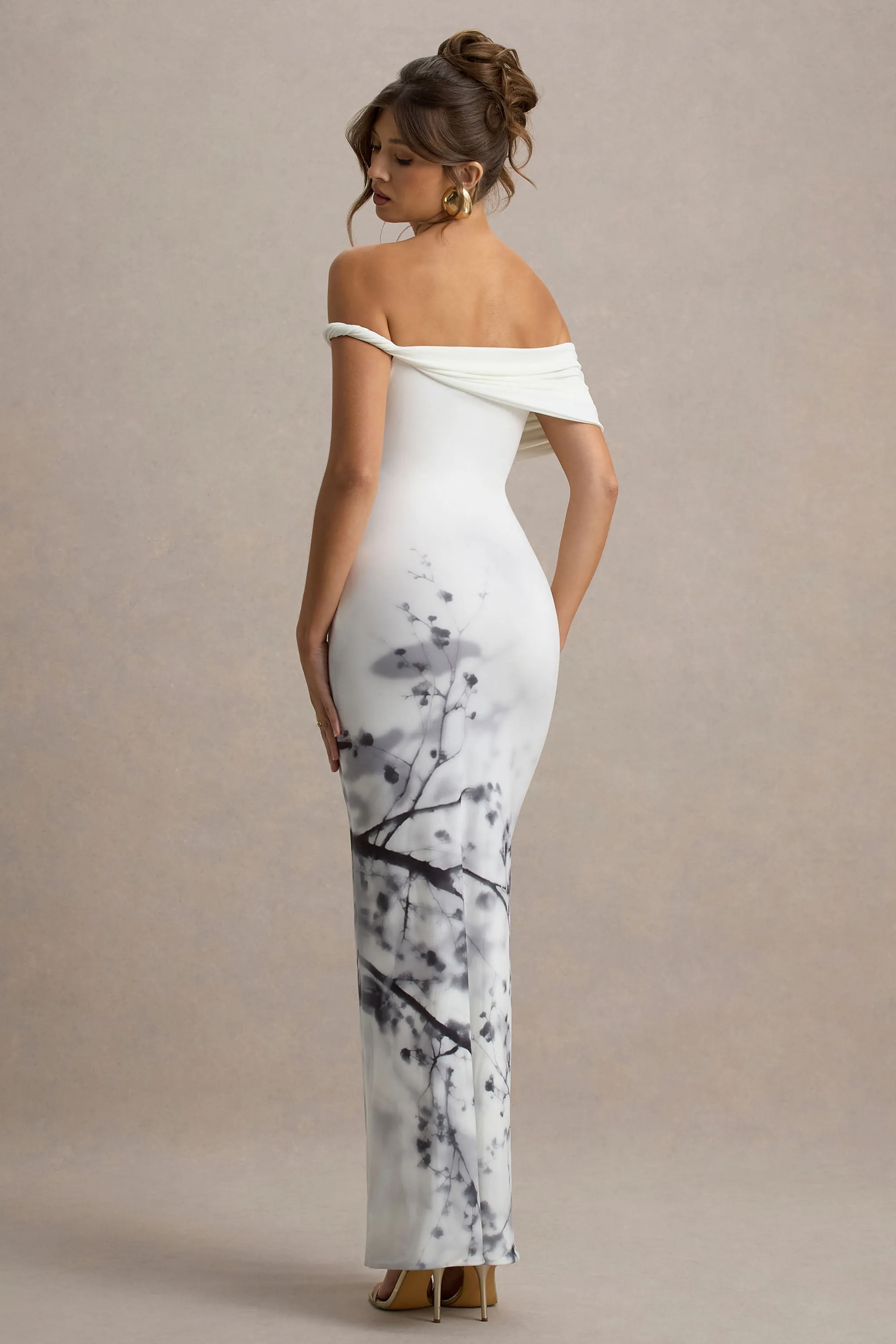 Sachi | White Print Twisted Bardot Maxi Dress Club L London