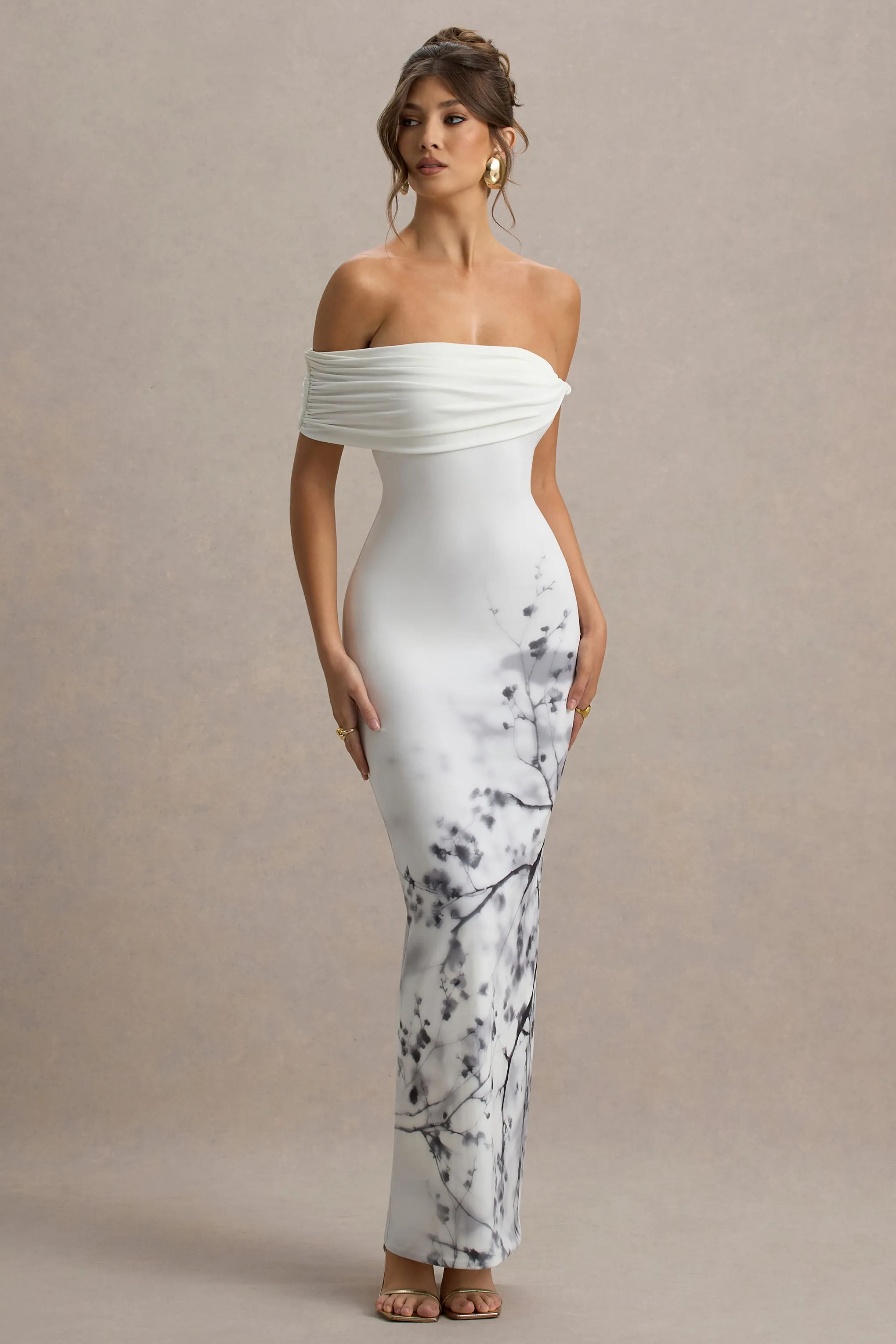 Sachi | White Print Twisted Bardot Maxi Dress Club L London